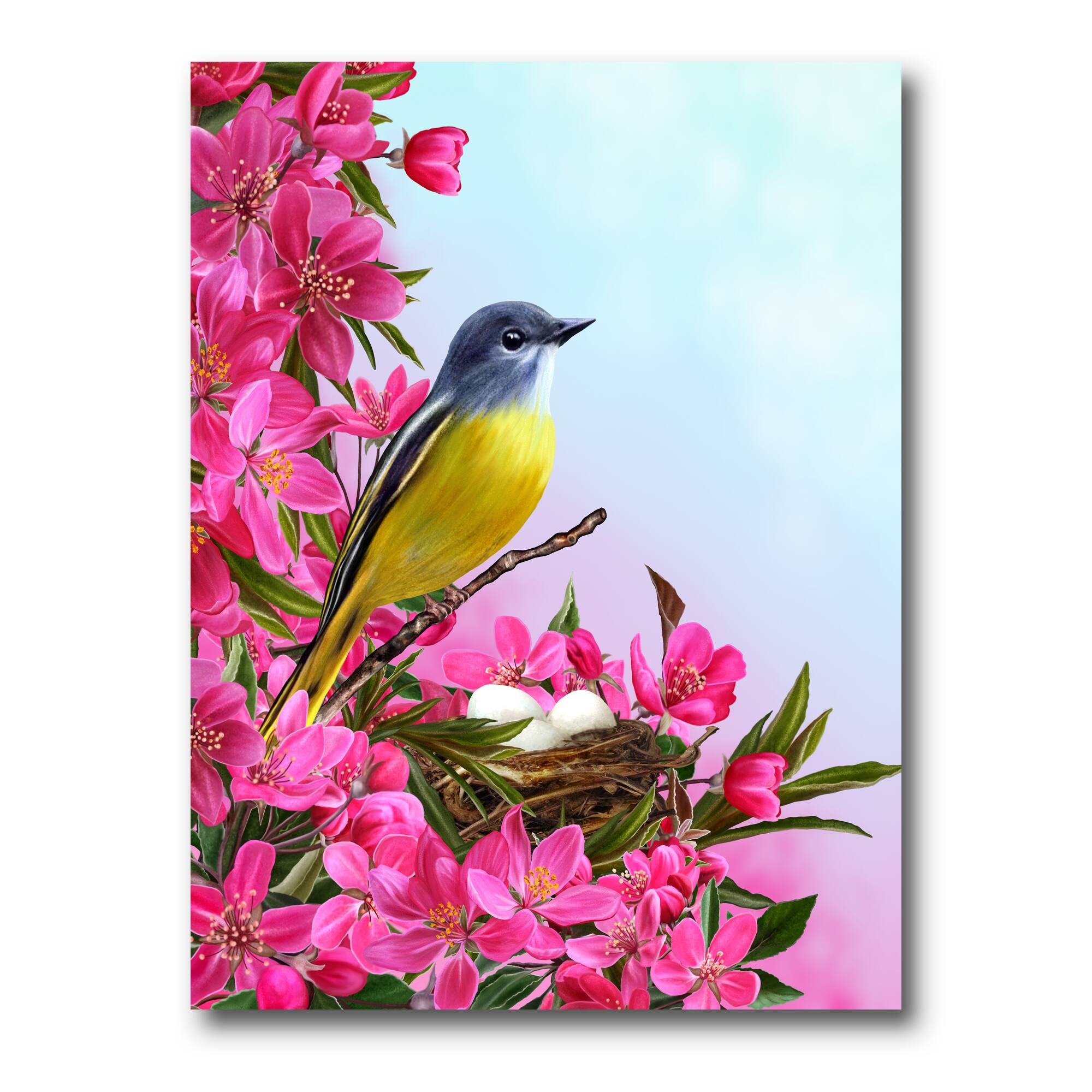 Designart - Little Yellow Bird Near The Nest with Flowers