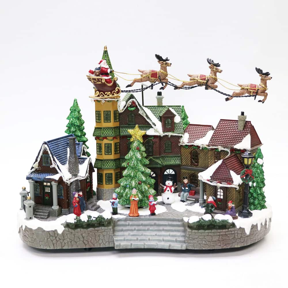 Moments in Time 12.8" Animated Santa Riding Sleigh Flying Over Town Center Décor