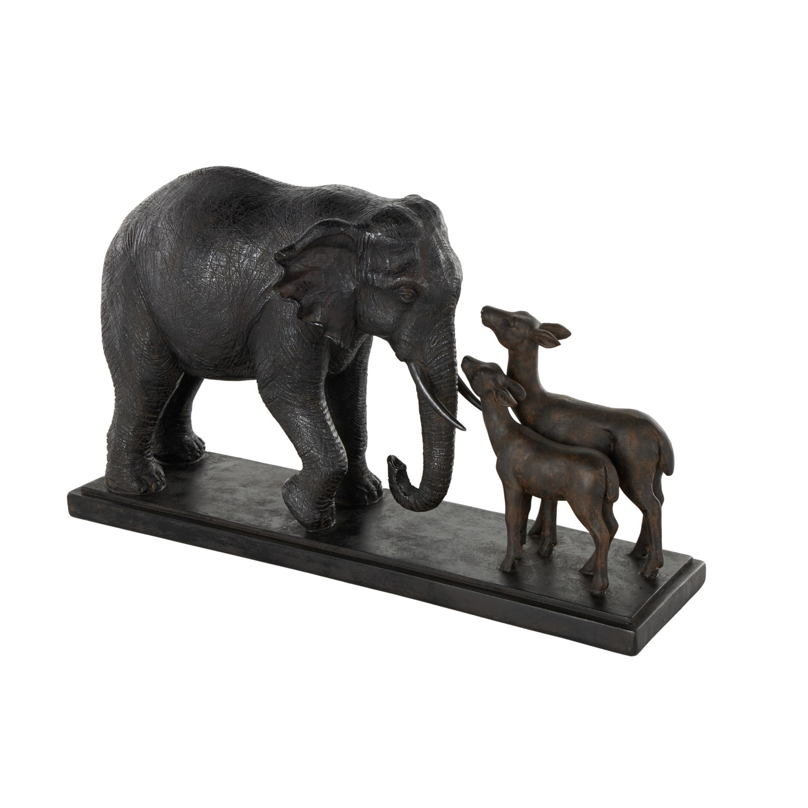 19.75" Black Elephant Walking Sculpture with Dark Brown Deer
