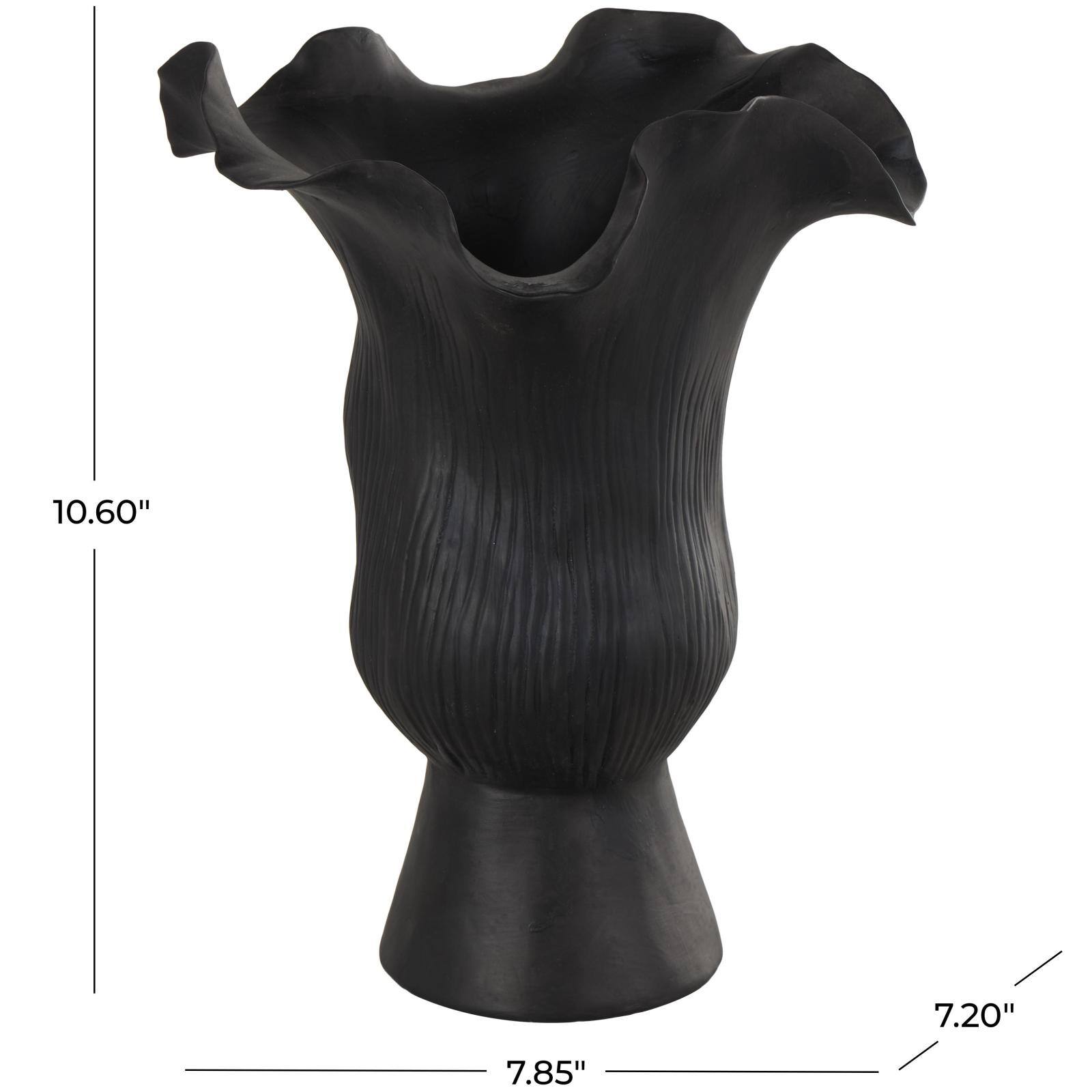 10.5" Black Ceramic Abstract Floral Vase with Linear Grooves