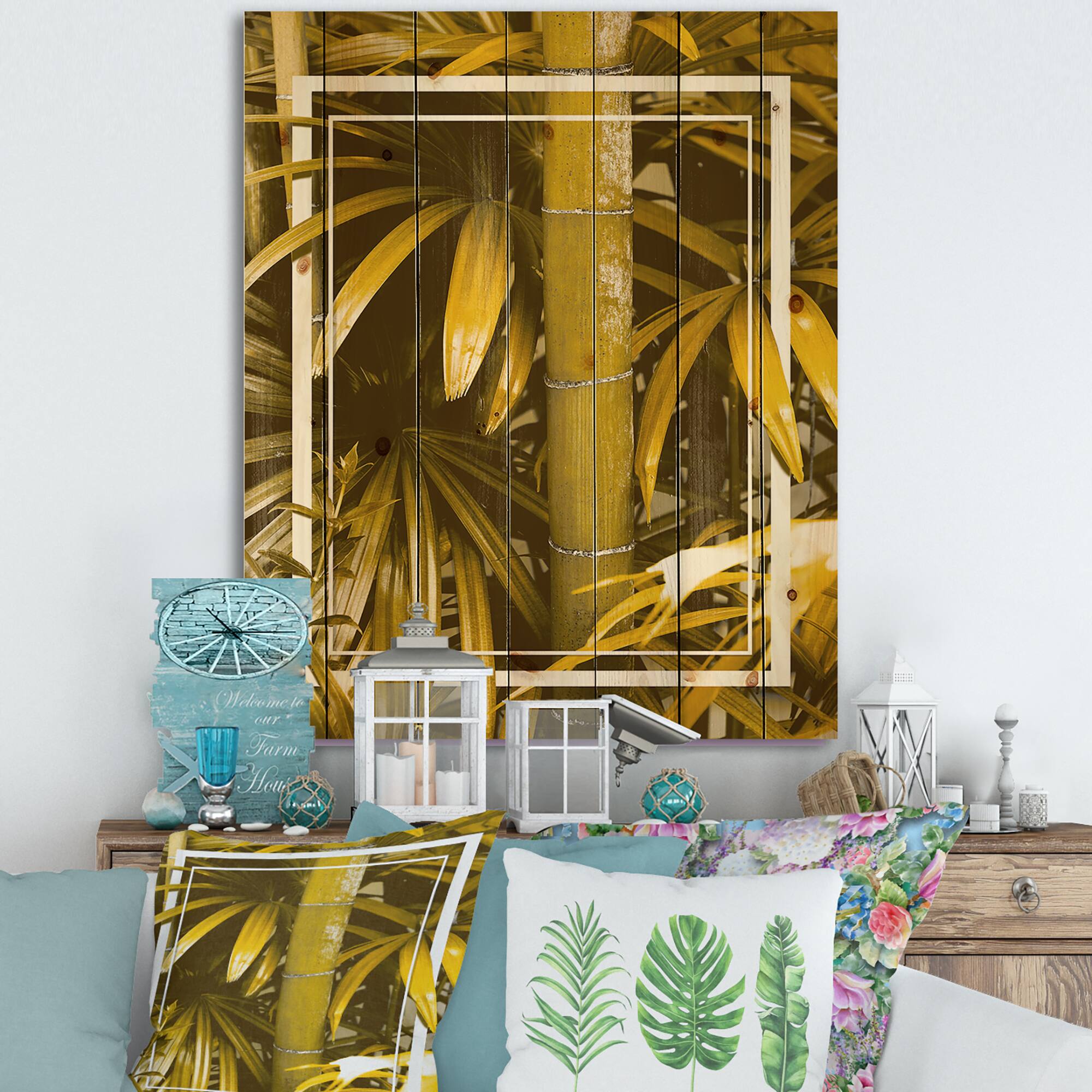 Designart - Yellow Bamboo and Tropical Leaves - Tropical Print on Natural Pine Wood