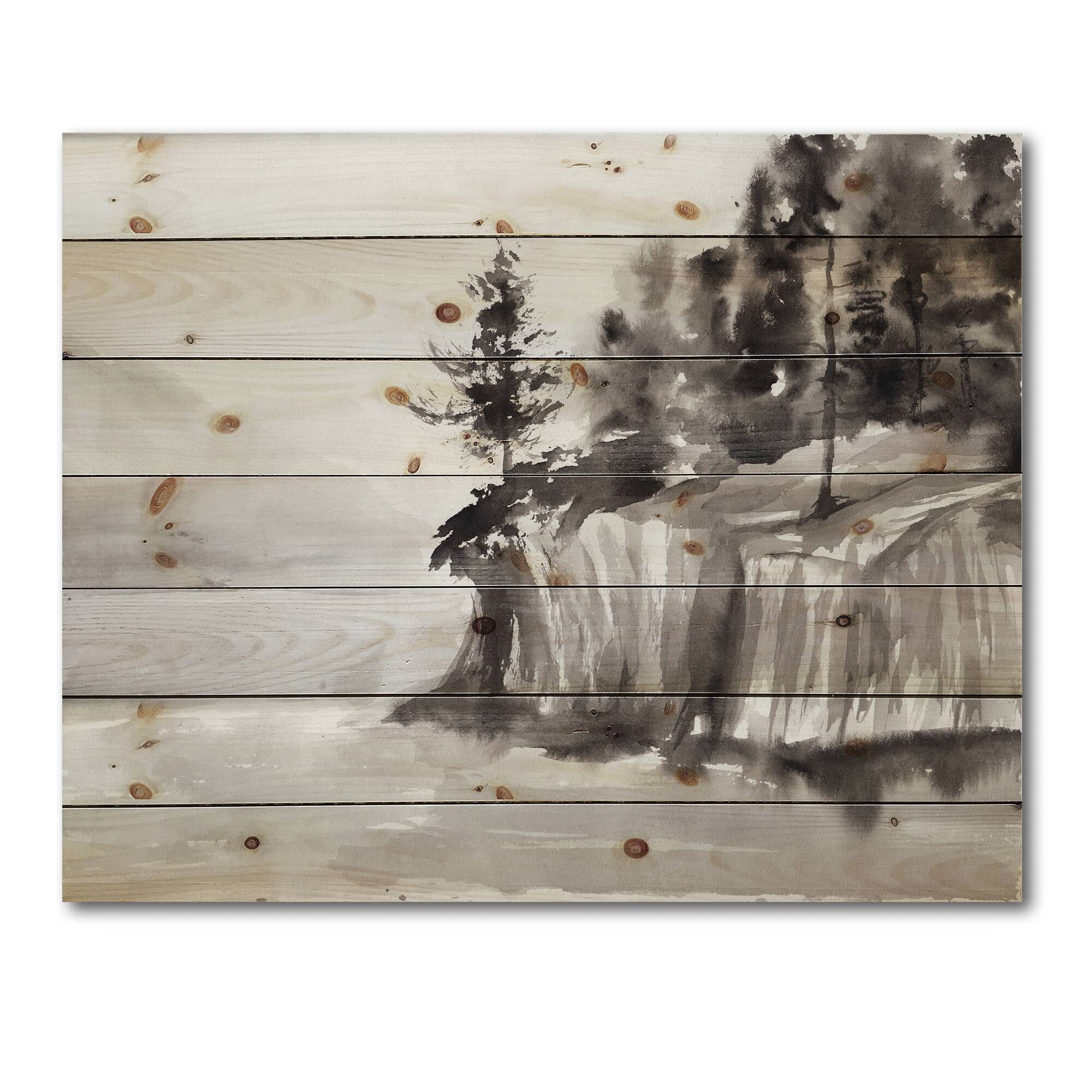 Designart - Monochrome Cliffs By The Lake - Nautical & Coastal Print on Natural Pine Wood