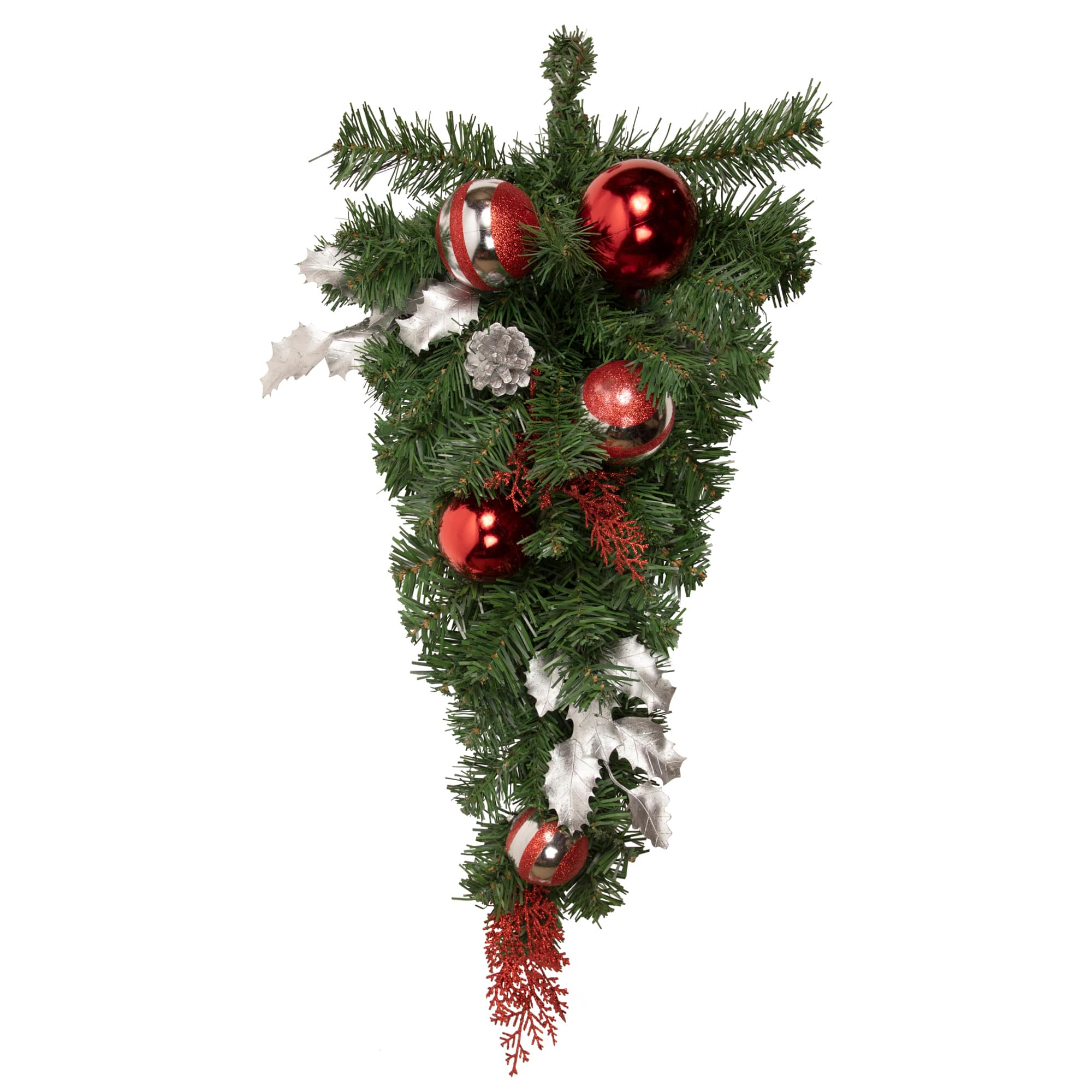 24" Unlit Red & Silver Holly Ball & Pine Cone Teardrop Swag