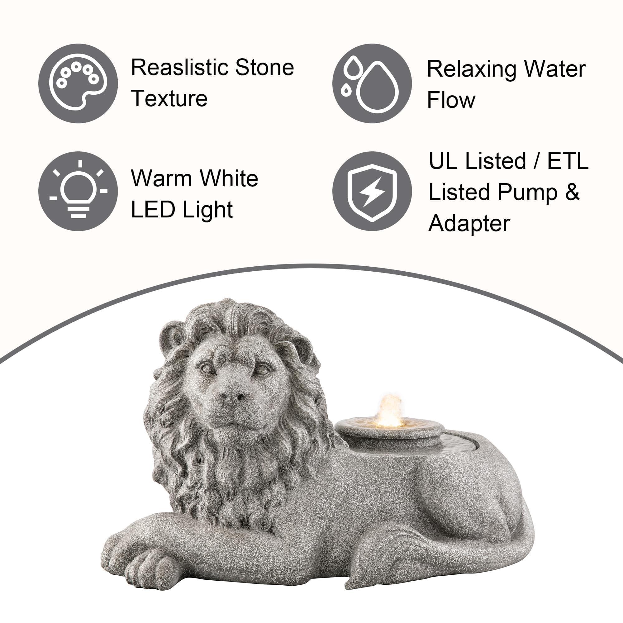 Glitzhome® 20" Zen-Style LED Lying Lion Outdoor Fountain