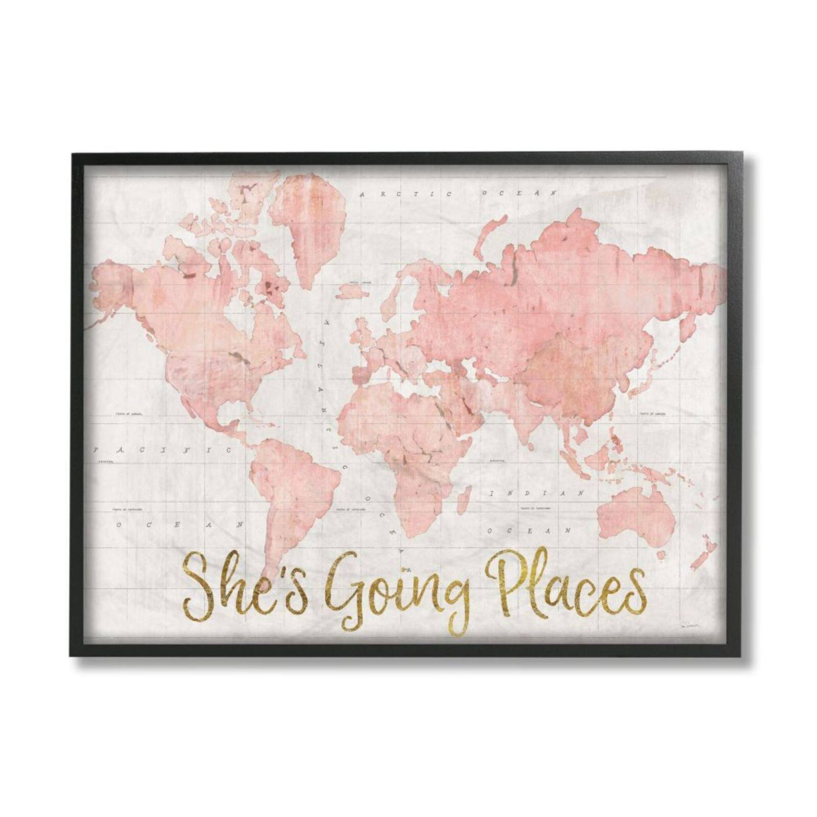 Stupell Industries She's Going Places Pink Watercolor World Map Black Framed Wall Art