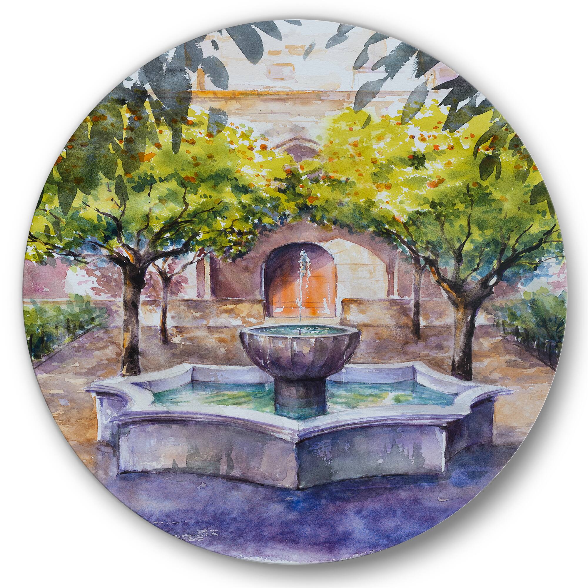 Designart - Small Fountain Picture With Trees In The Village - Country Metal Circle Wall Art
