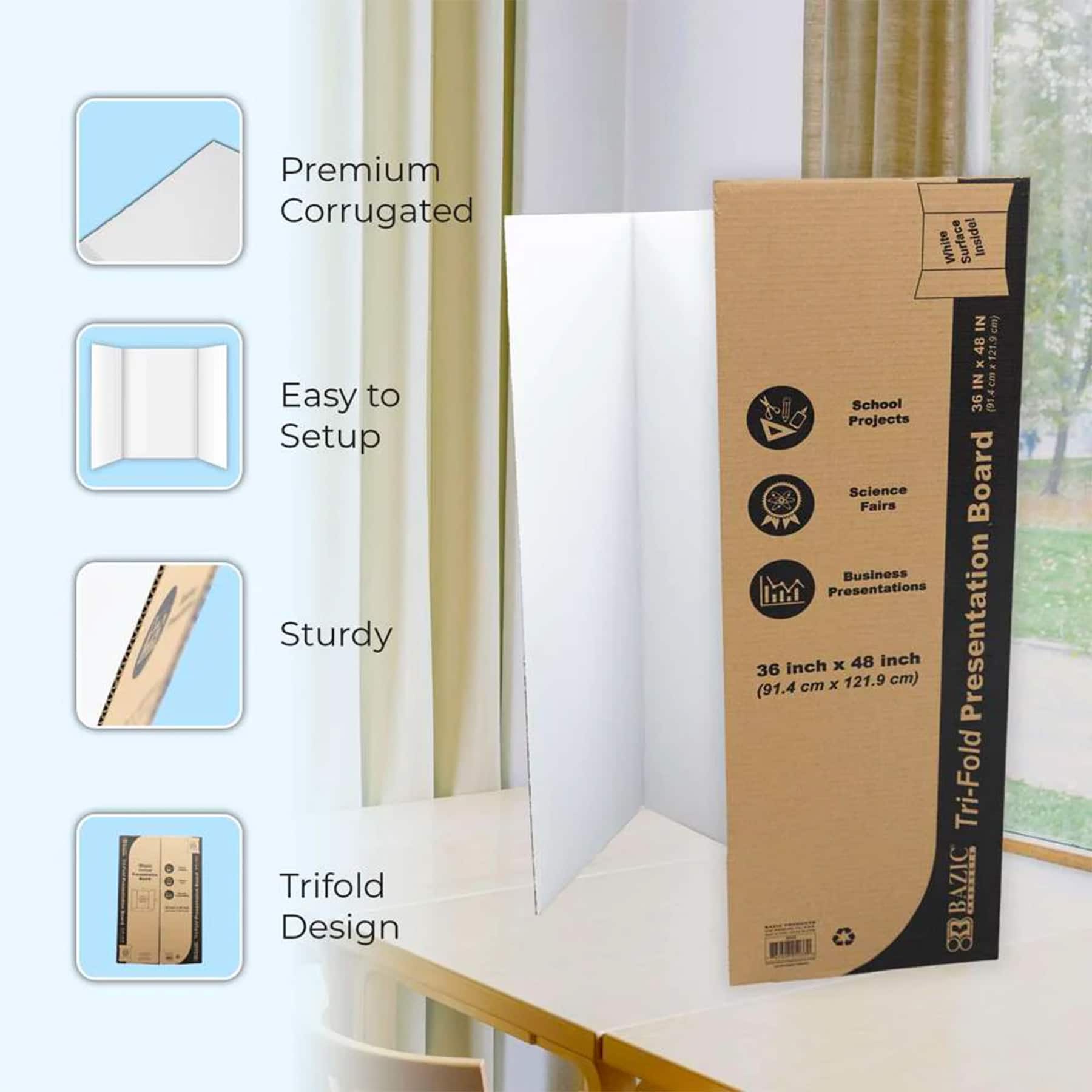 BAZIC Products® 36" x 48" White Tri-Fold Corrugated Presentation Boards, 24ct.