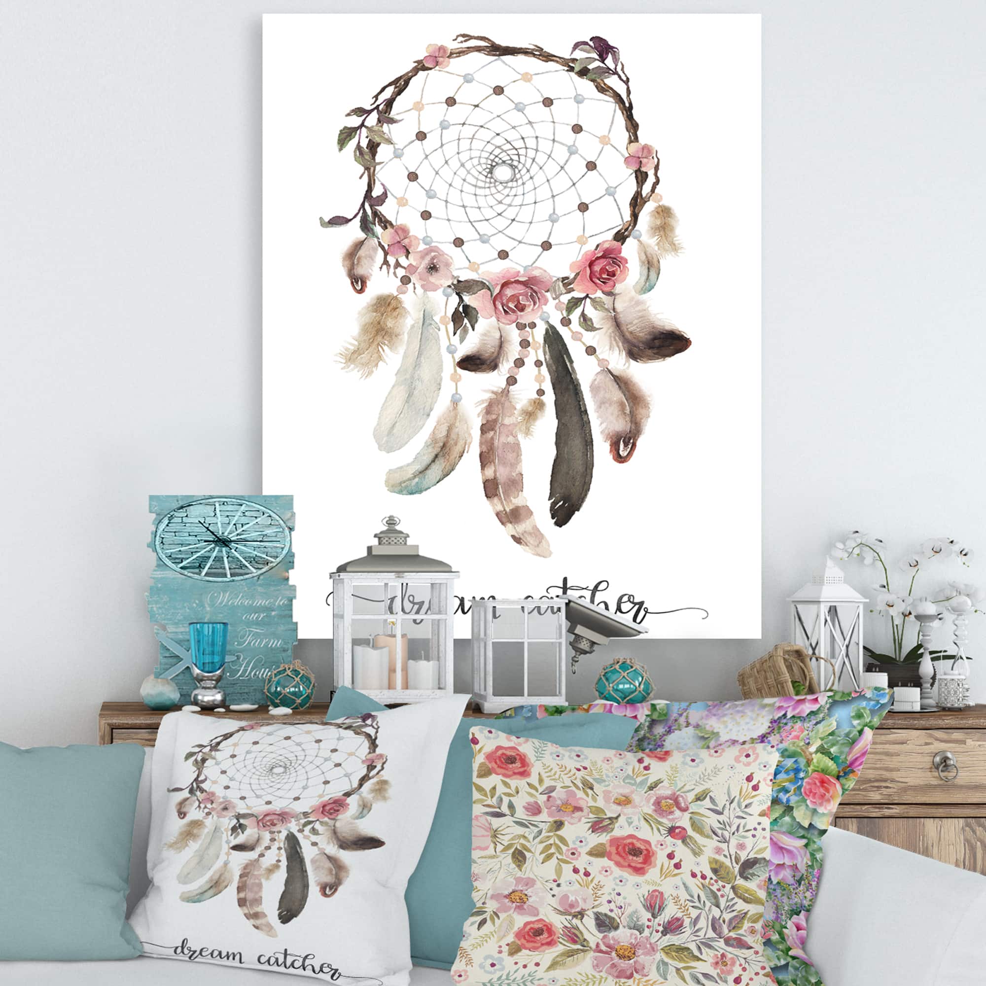 Designart - Dream Catcher With Ethnic Feathers - Bohemian & Eclectic Canvas Wall Art Print