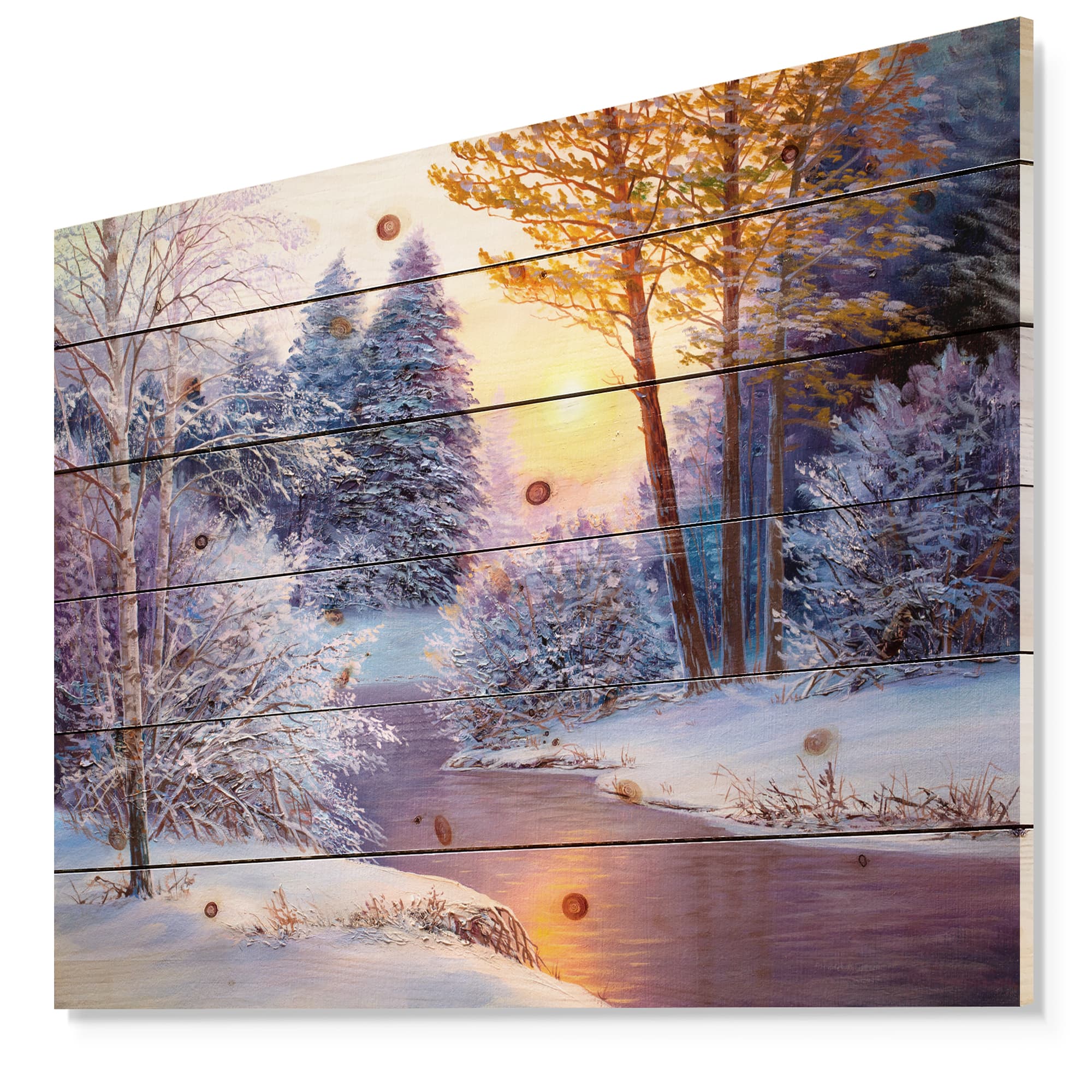 Designart - Winter Forest in River - Landscapes Painting Print on Natural Pine Wood