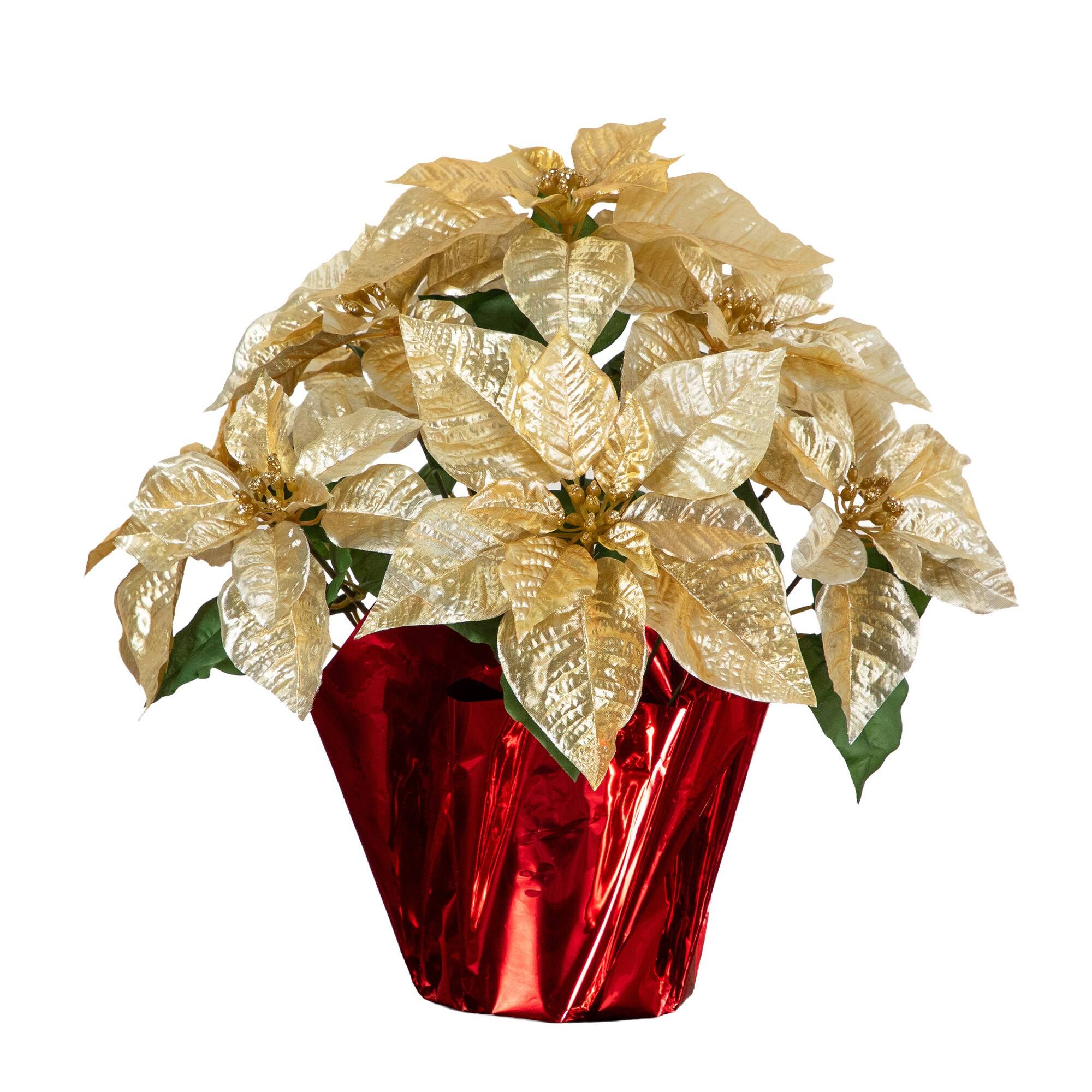 Nearly Natural 18" Gold Lush Velvet Artificial Poinsettia Arrangement in Red Wrapped Planter