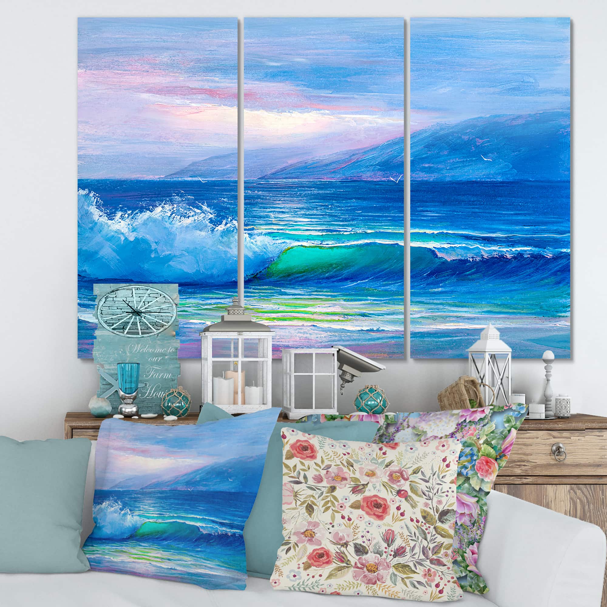 Designart - Blue Waves Breaking At The Beach II - Nautical & Coastal Canvas Wall Art Print