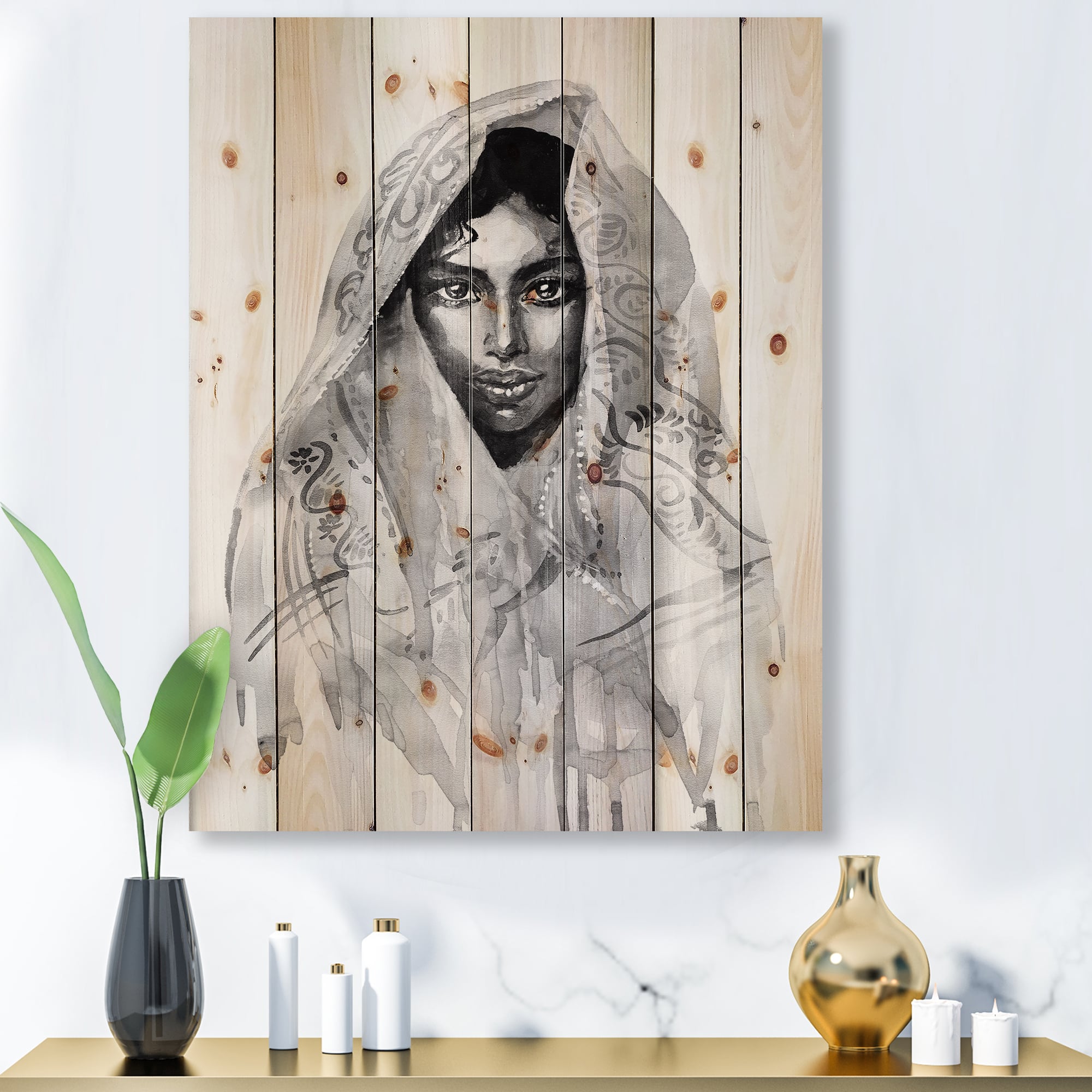 Designart - Monochrome Portrait of Young Indian Woman I - Modern Print on Natural Pine Wood