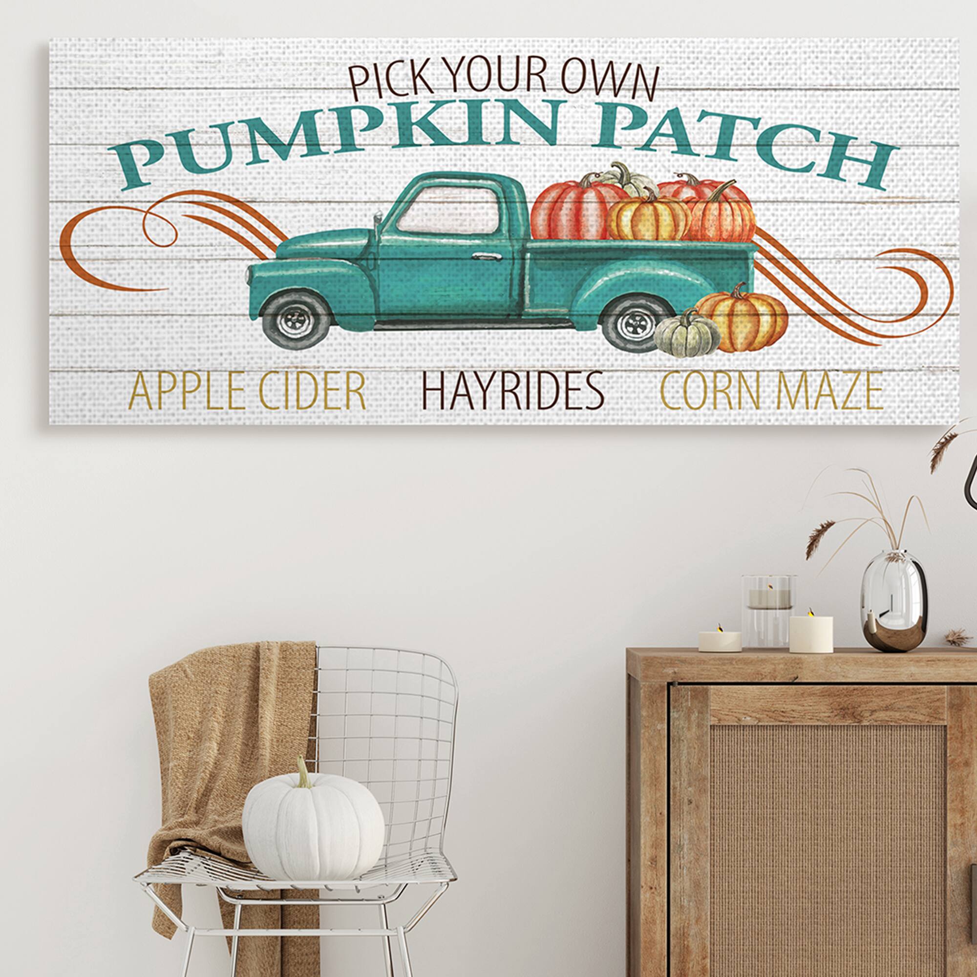Stupell Industries Turquoise Truck Autumn Harvest Pumpkin Patch Sign Canvas Wall Art