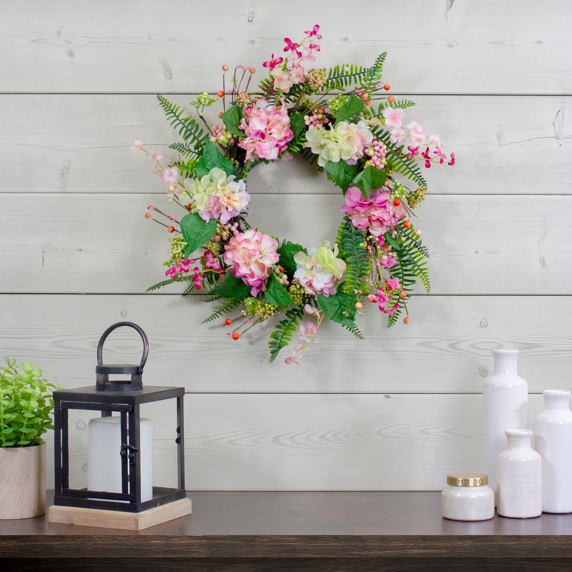 20" Pink Hydrangea Berry & Fern Artificial Spring Floral Wreath