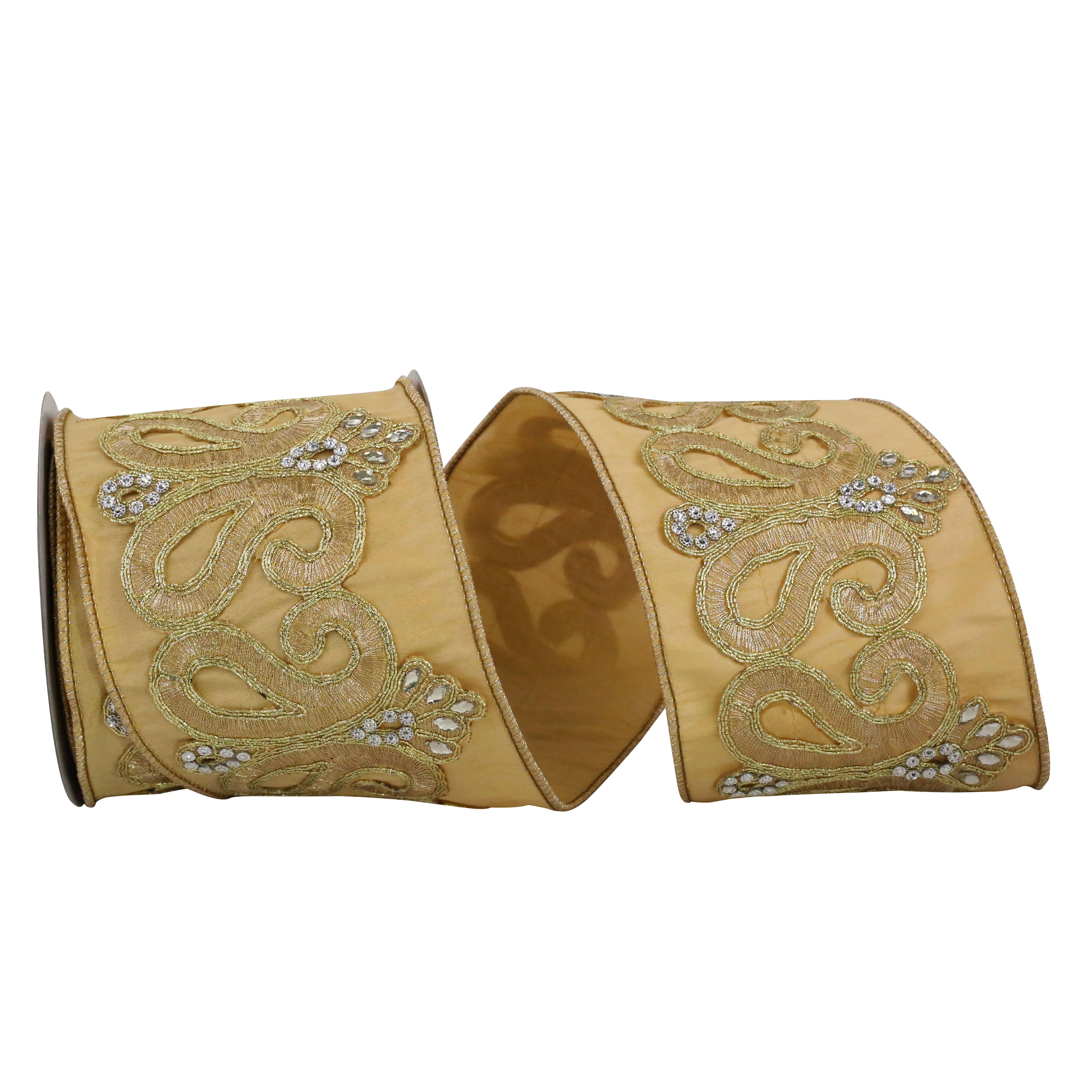 JAM Paper 4" x 5yd. Gold Jewel Scroll Trim Wired Dupioni Ribbon