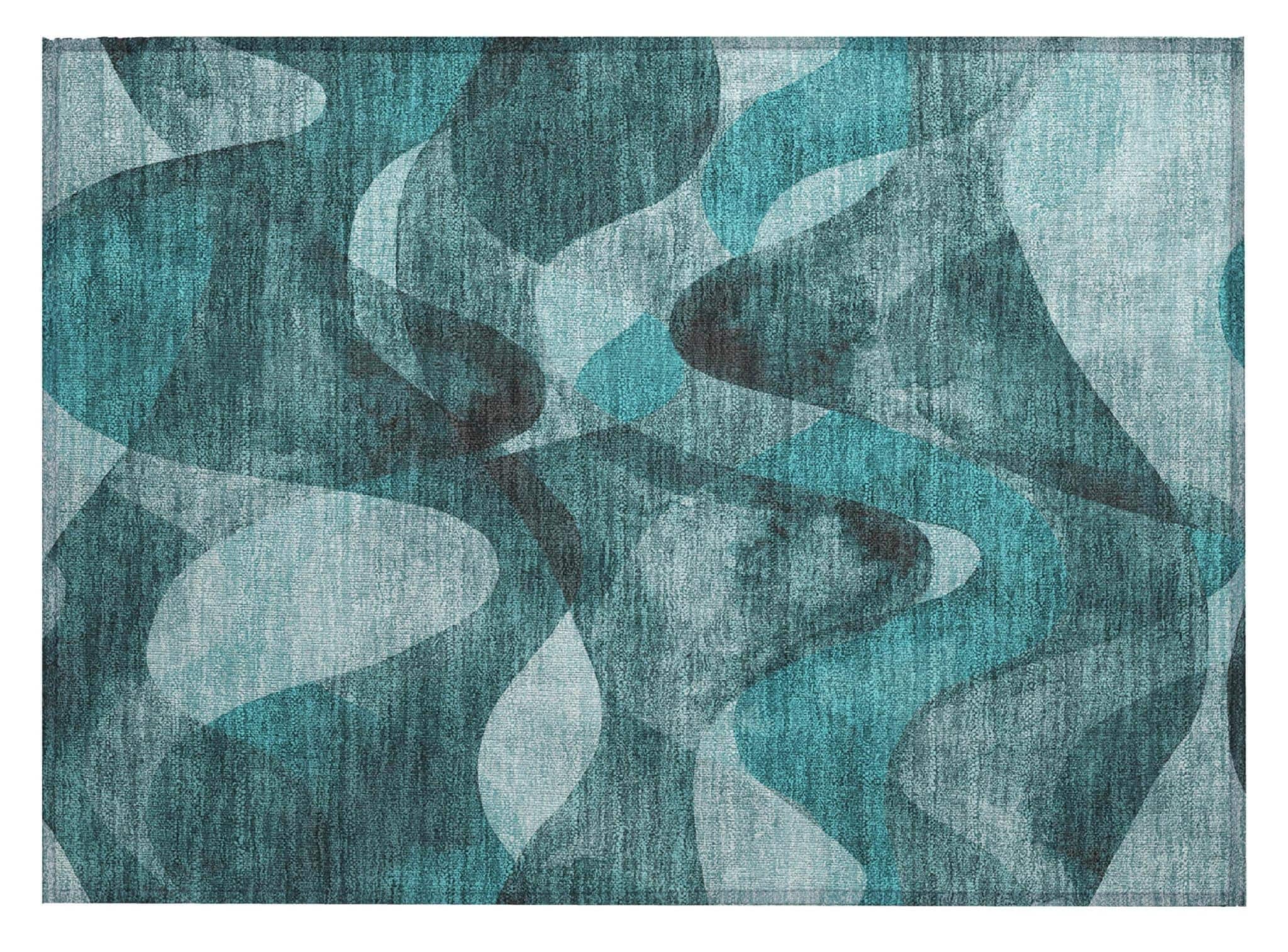 HomeRoots 30" x 20" Teal Abstract Washable Non-Skid Indoor/Outdoor Area Rug