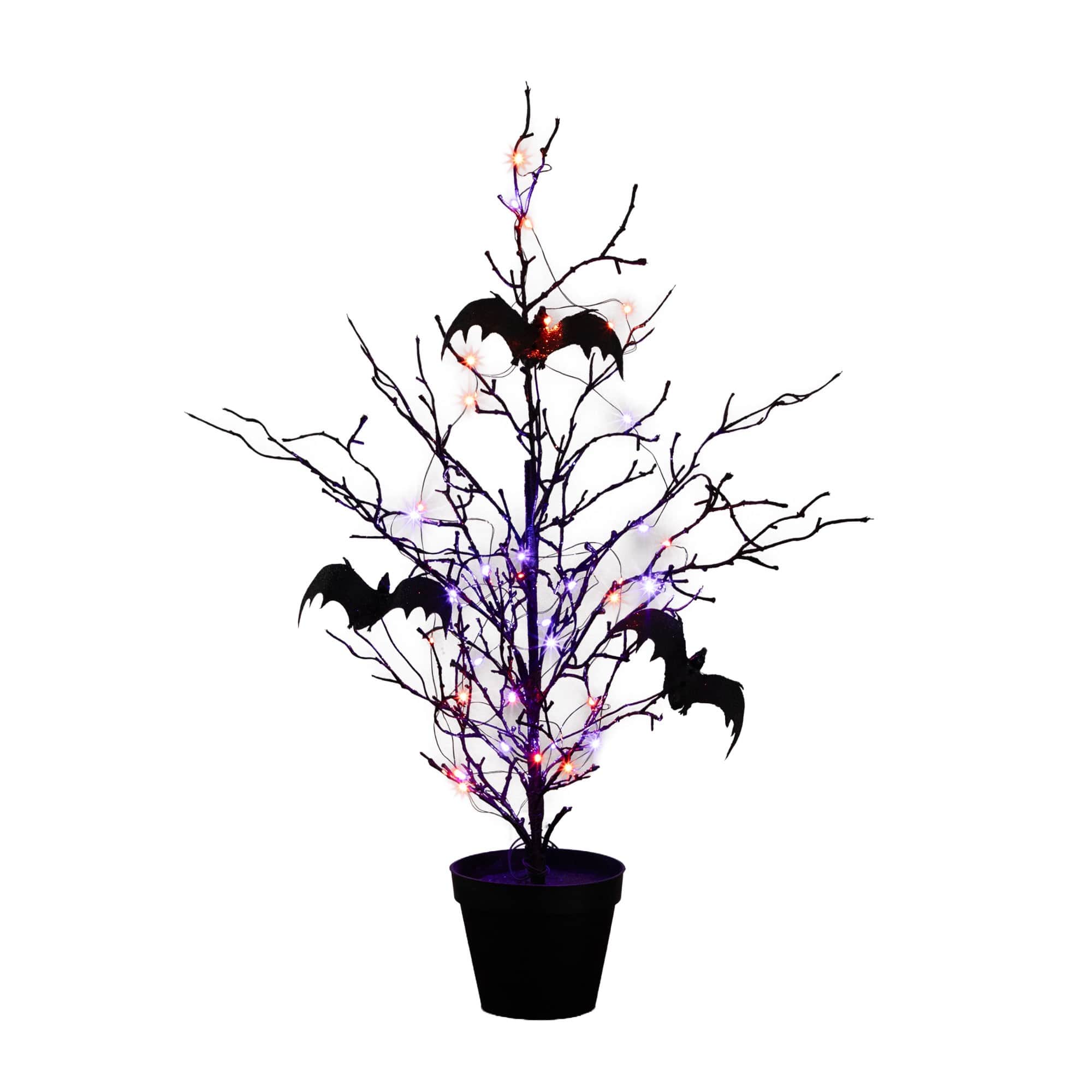 2ft. Pre-Lit Artificial Black Spooky Twig Tree with Bats and 40 Orange & Purple LED Lights