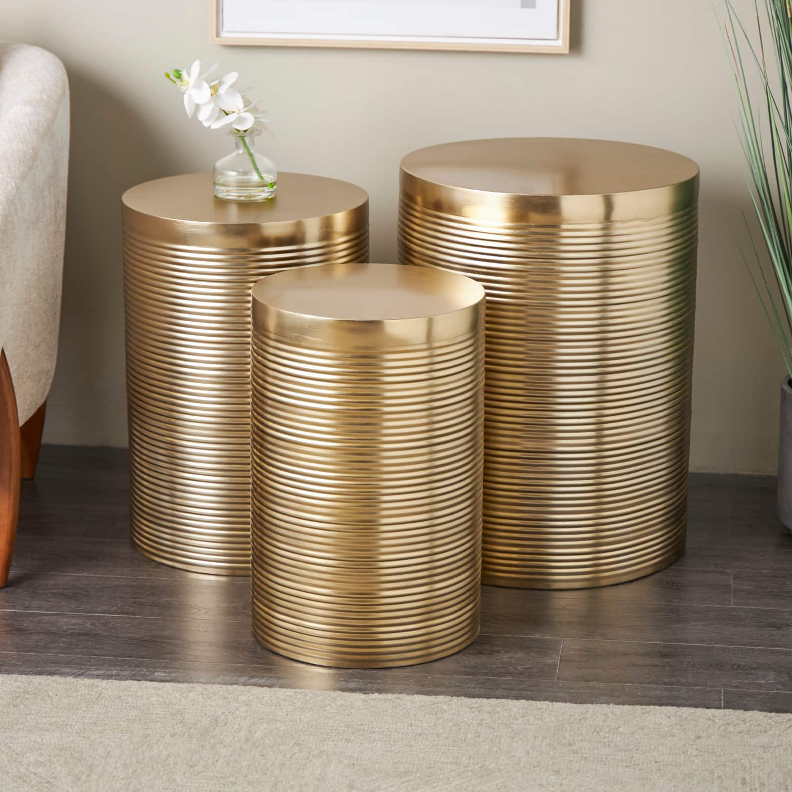 Gold Metal Metallic Ribbed Drum Accent Table Set