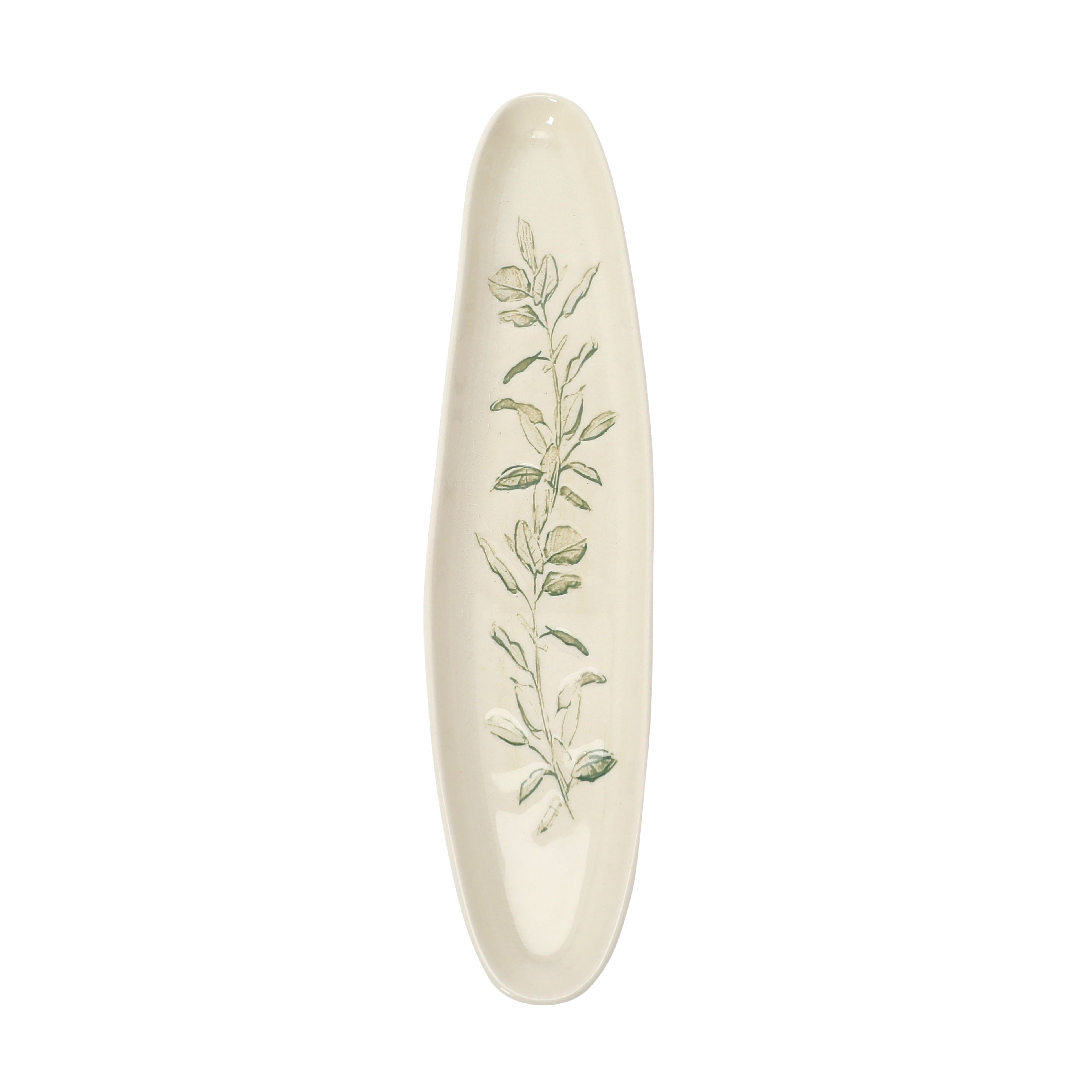 Hello Honey® Cream & Green Reactive Crackle Glaze Oval Debossed Stoneware Tray Set