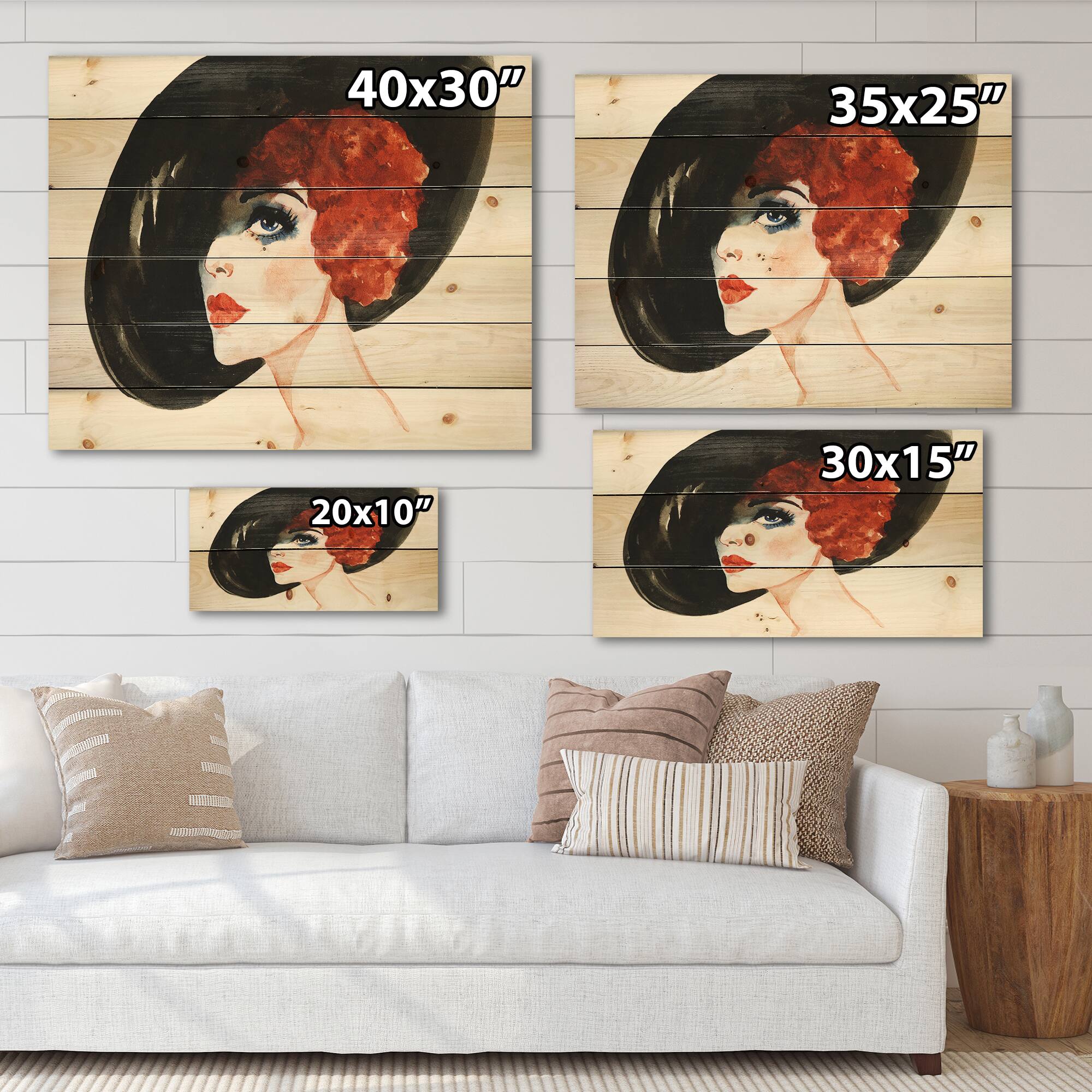 Designart - Red Head Lady In Hat Portrait of Woman - Modern Print on Natural Pine Wood