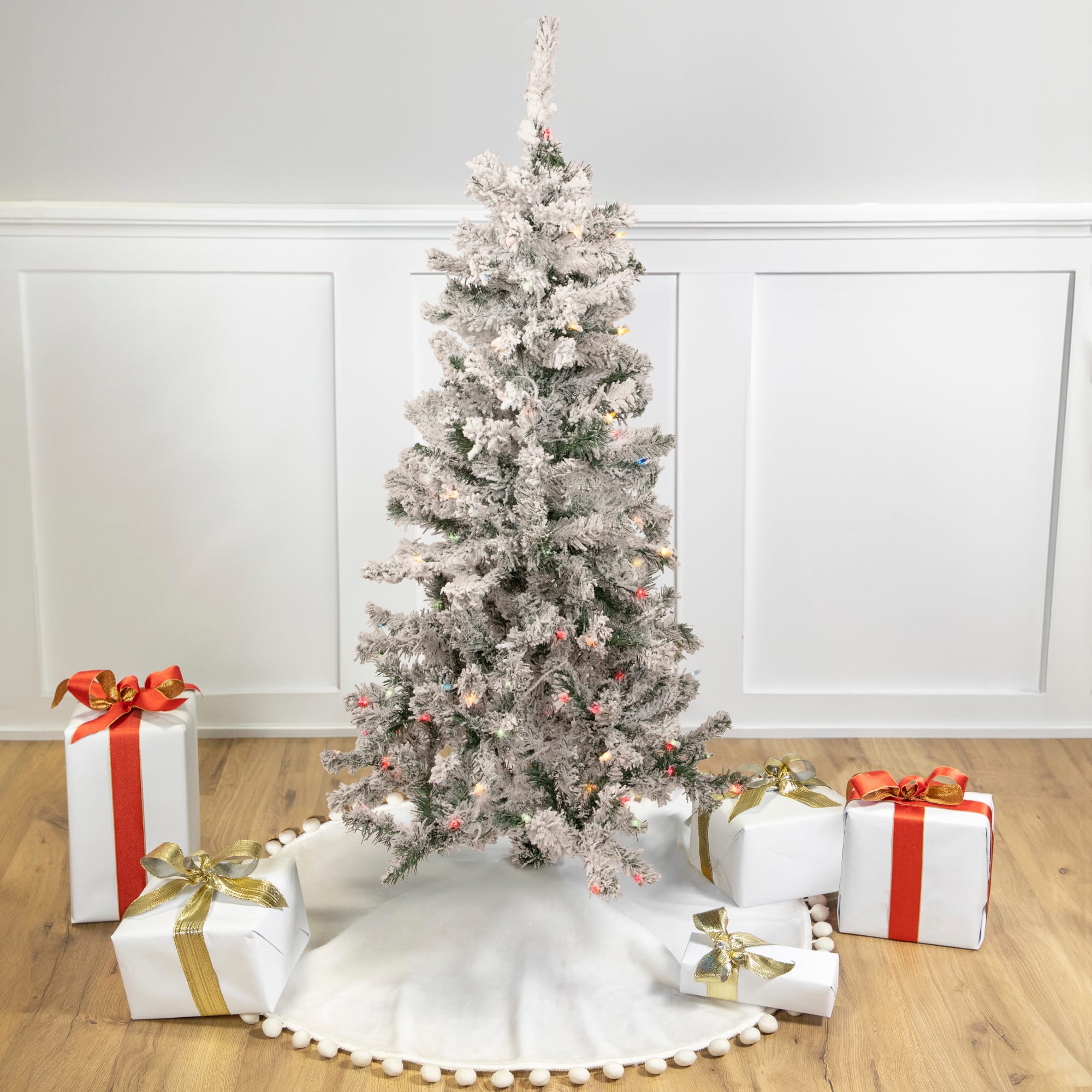 4.5ft. Pre-Lit Flocked Pine Medium Artificial Christmas Tree, Multicolor Lights