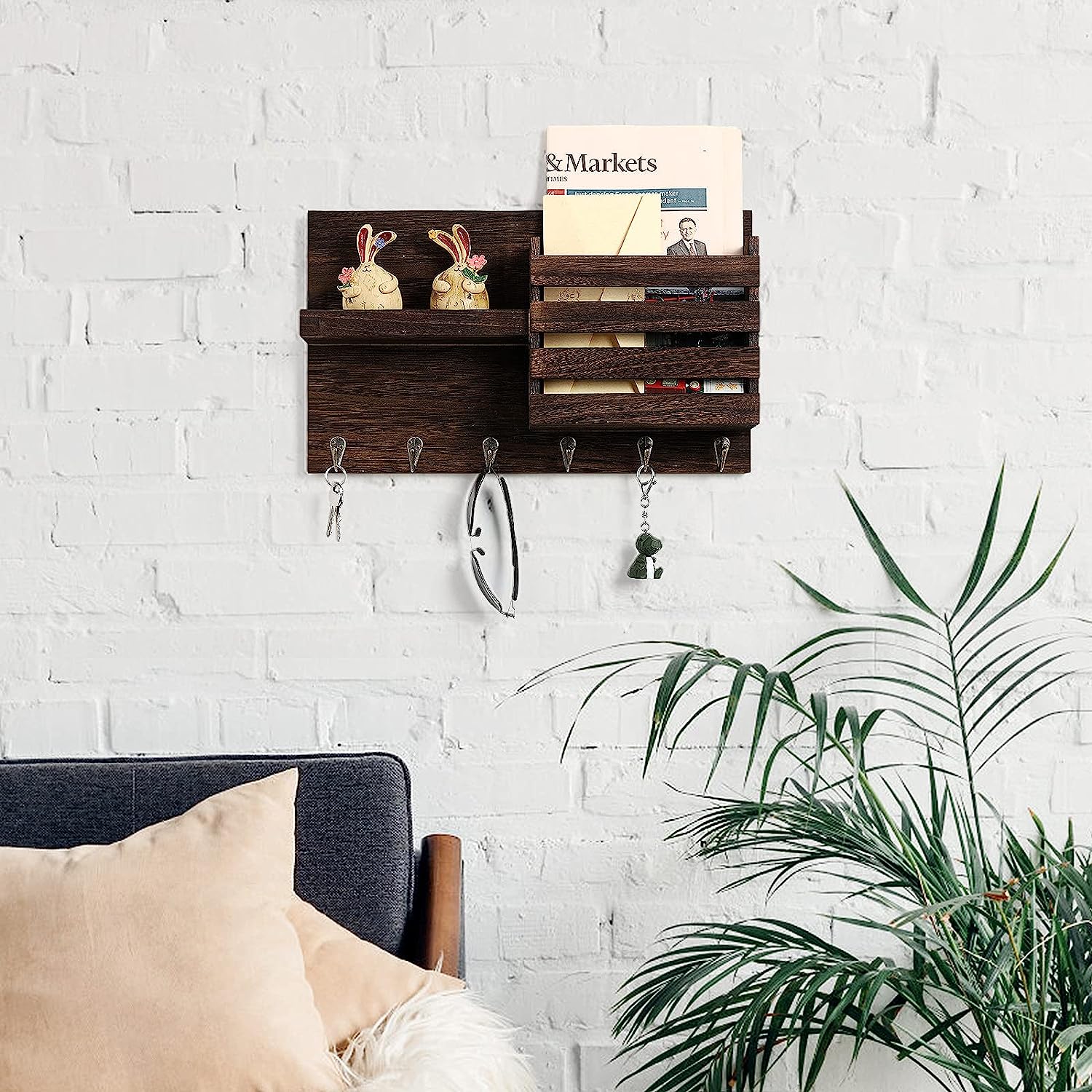 NEX™ Rustic Brown Wall-Mounted Mail Envelope Organizer with Key Hooks
