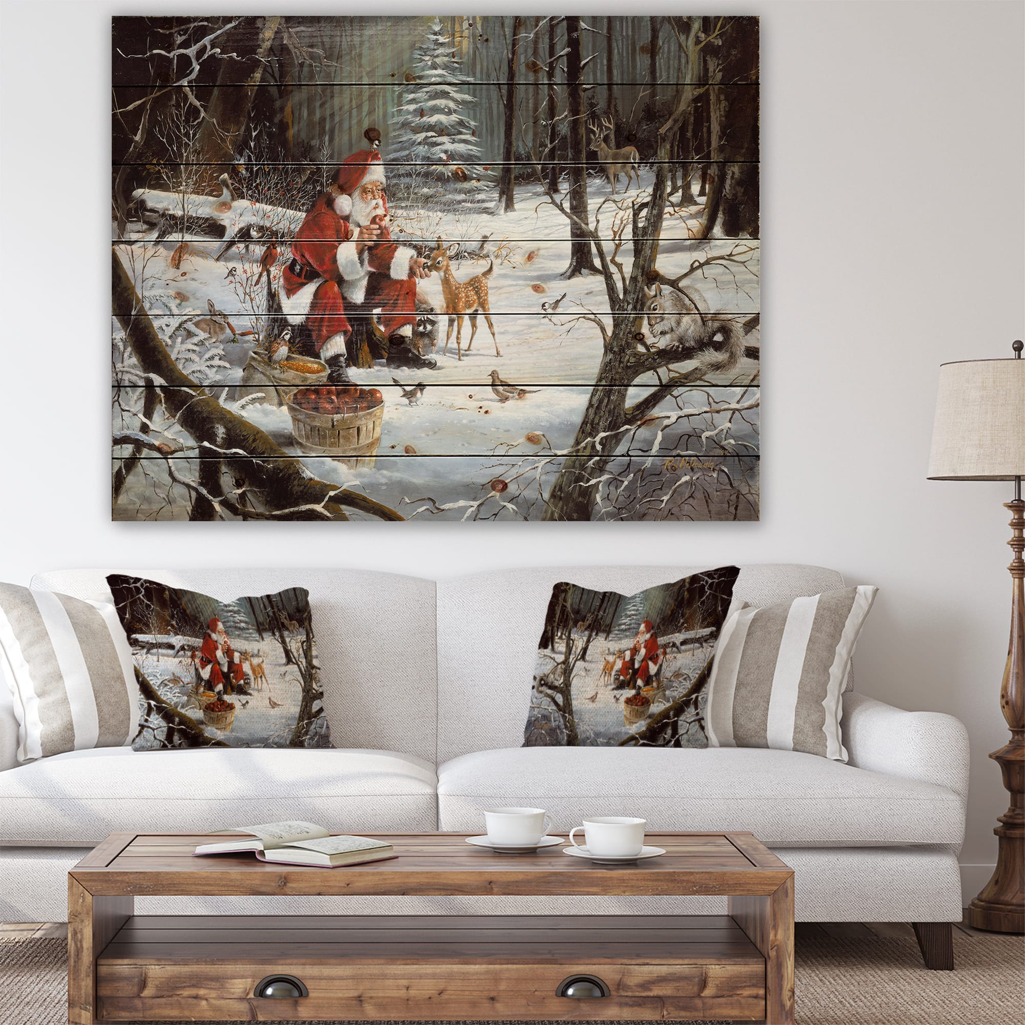 Designart - Santa Claus with deer in snowy woods - Print on Natural Pine Wood