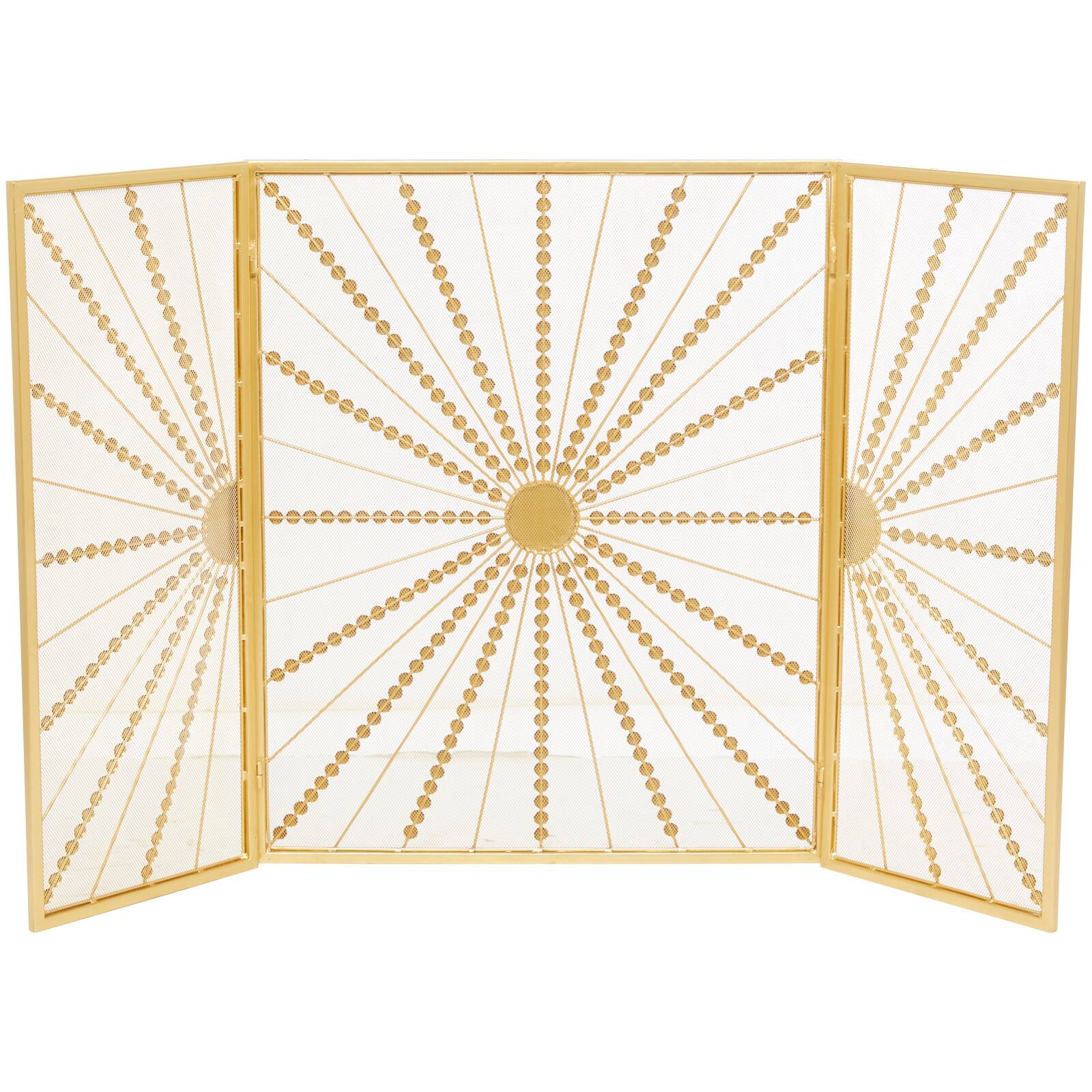 Gold Metal Foldable 3-Panel Starburst Fireplace Screen with Bead Inspired Rays