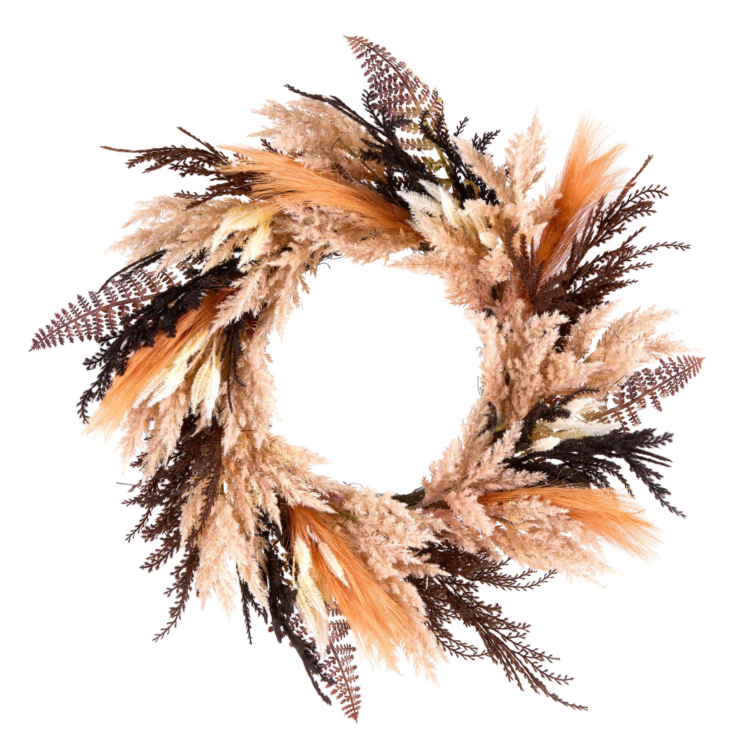 26" Coral Orange & Brown Pampas Pre-Lit LED Wreath