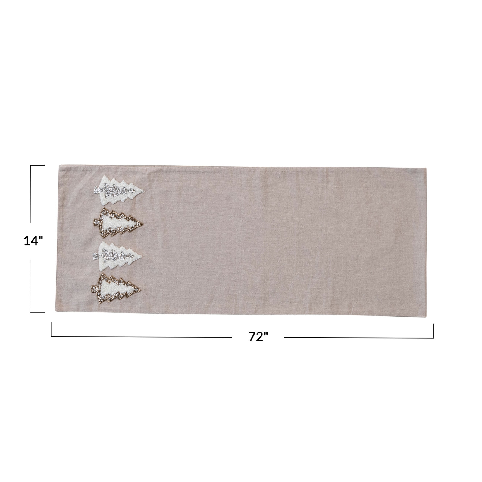 Hello Honey® 72" Natural Brown, Silver & Gold Cotton Chambray Table Runner with Embroidered Tufted Trees & Glass Beads