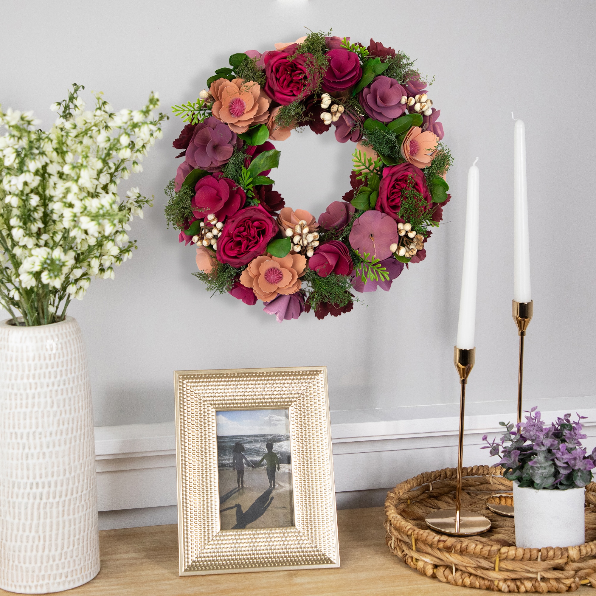 13.5" Wooden Floral Artificial Spring Wreath with Dried Pods