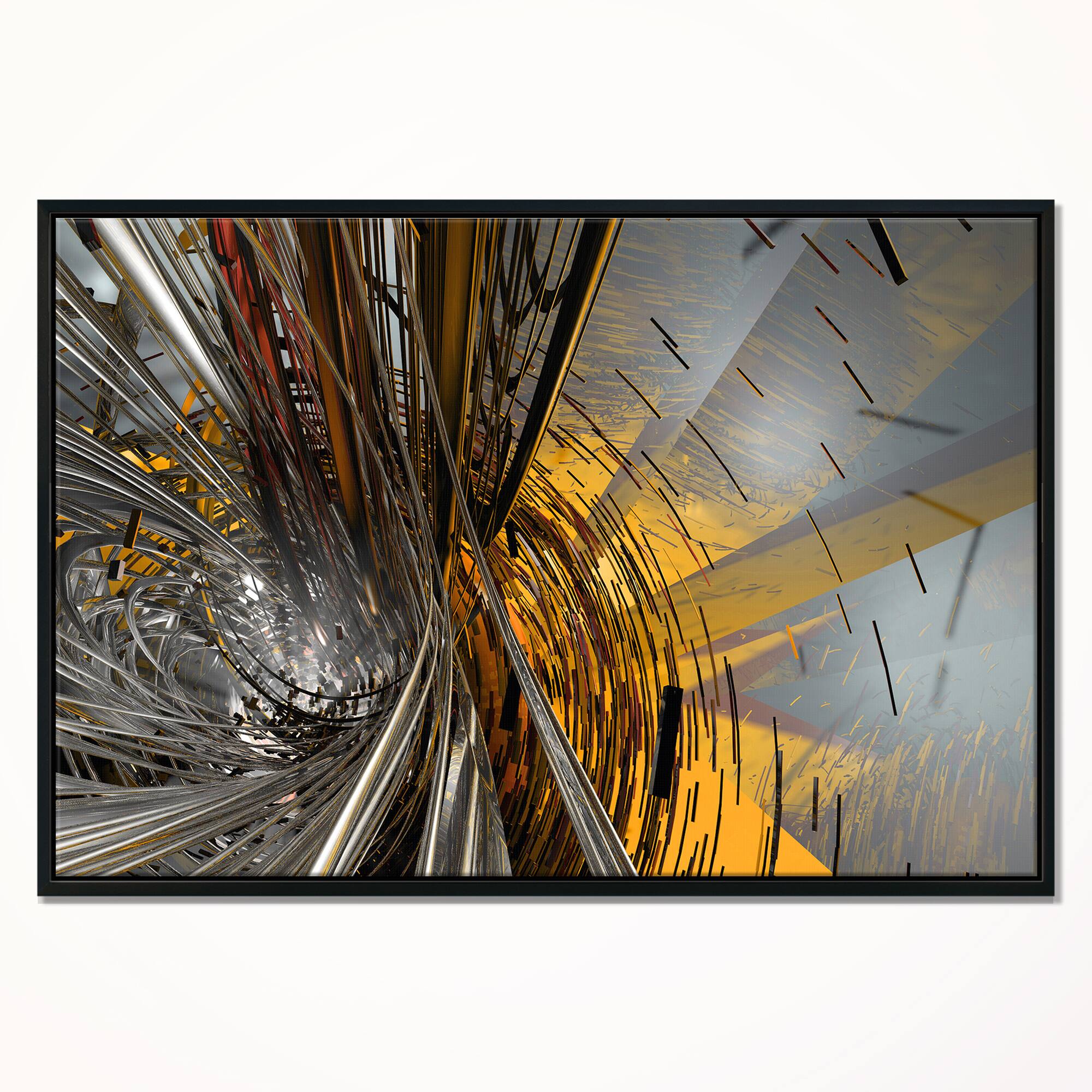 Designart - Fractal Yellow Connected Stripes - Abstract Canvas Art Print in Black Frame