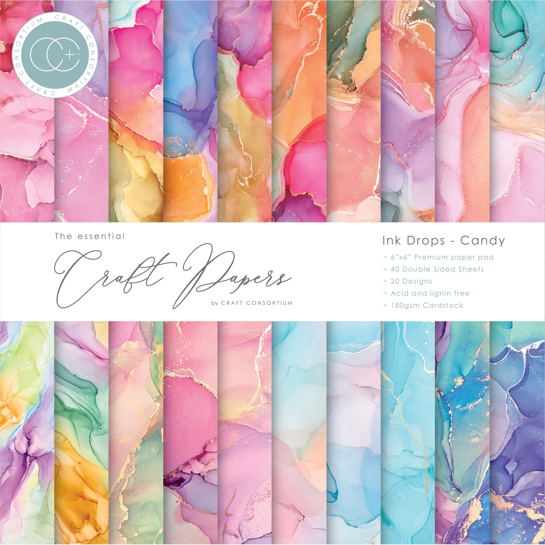 Craft Consortium Ink Drops Candy Double-Sided Paper Pad, 6" x 6"