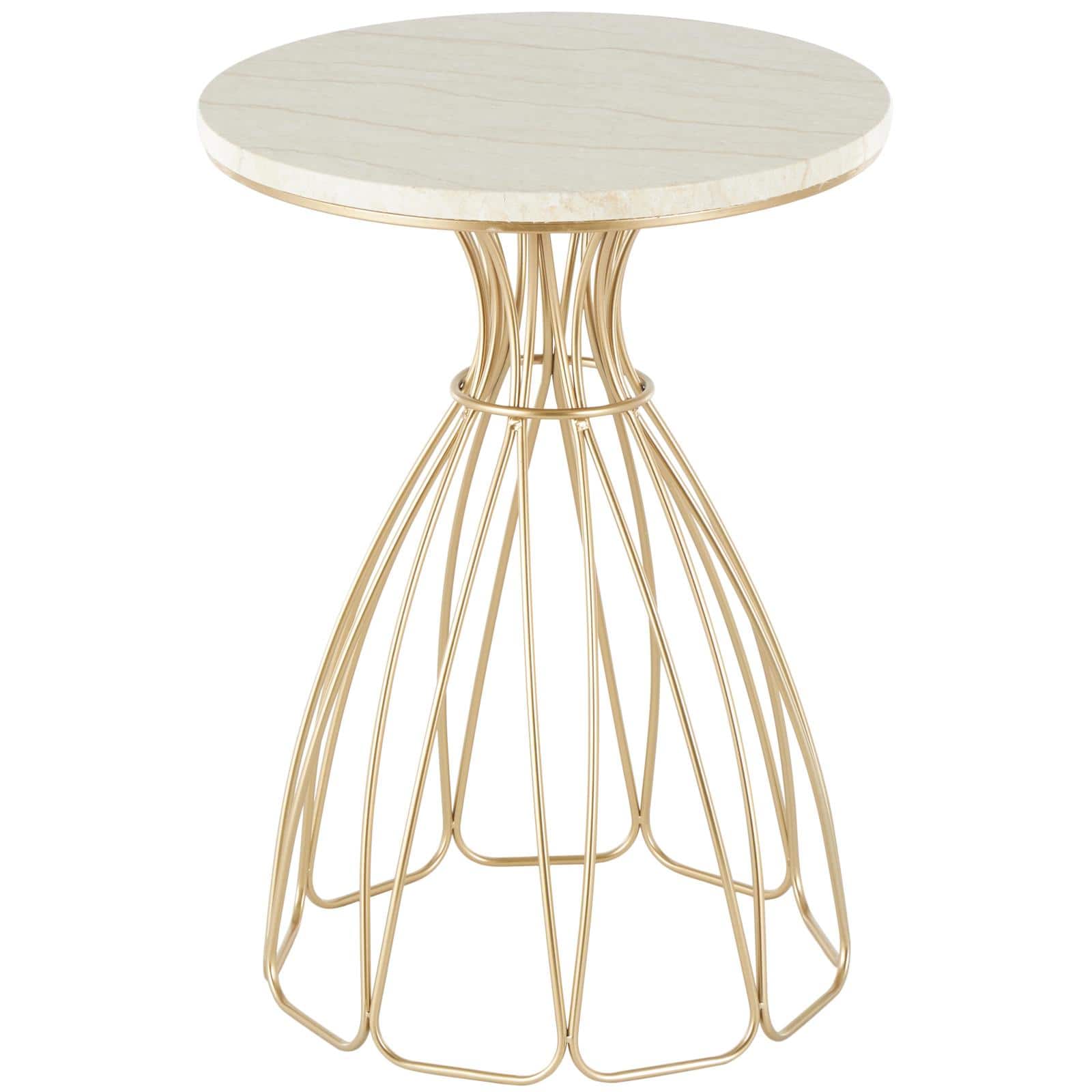 21.5" Gold Metal Flower Inspired Accent Table with Cream Marble Tabletop