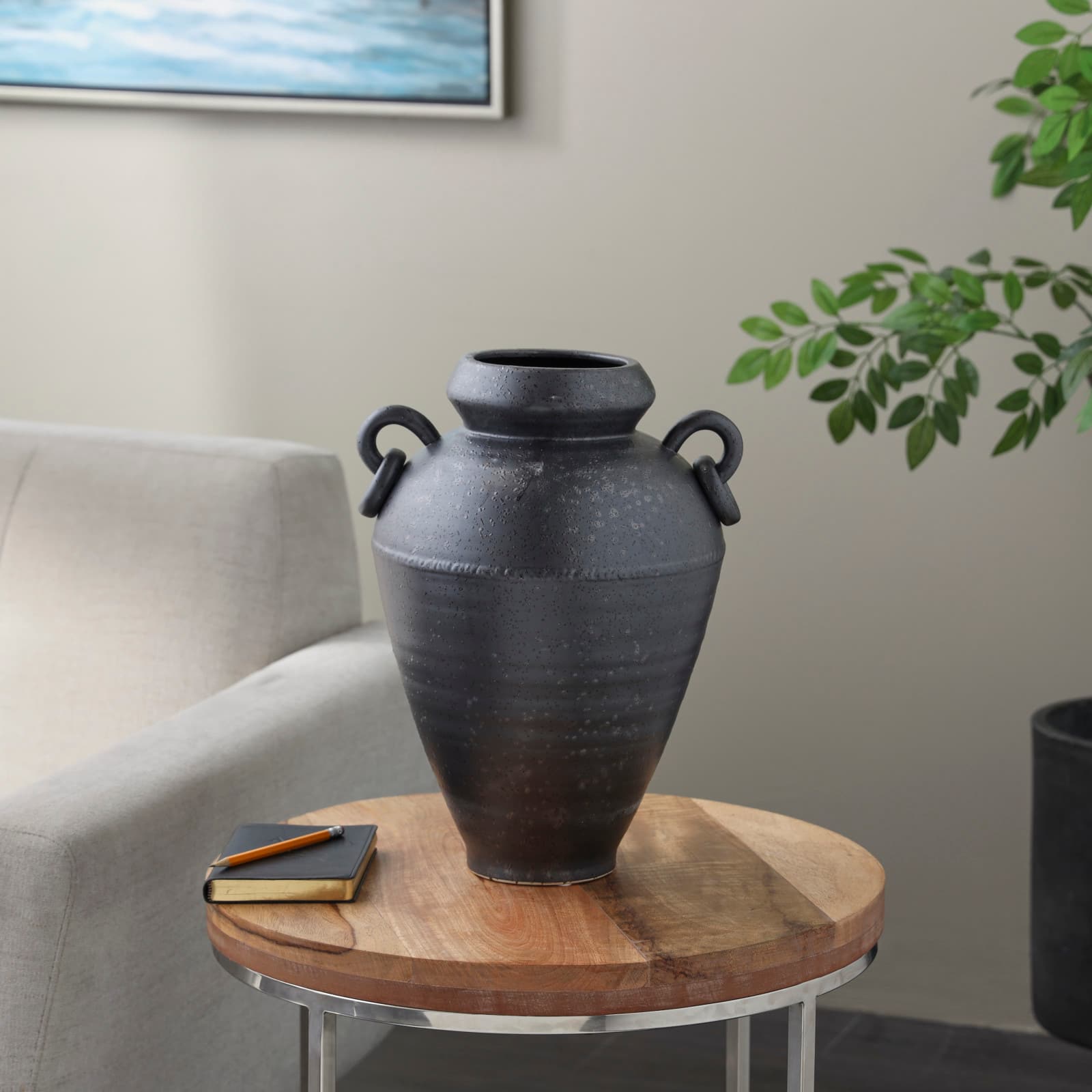 15" Black Ceramic Amphora Vase with Speckled Texture & Ring Handles