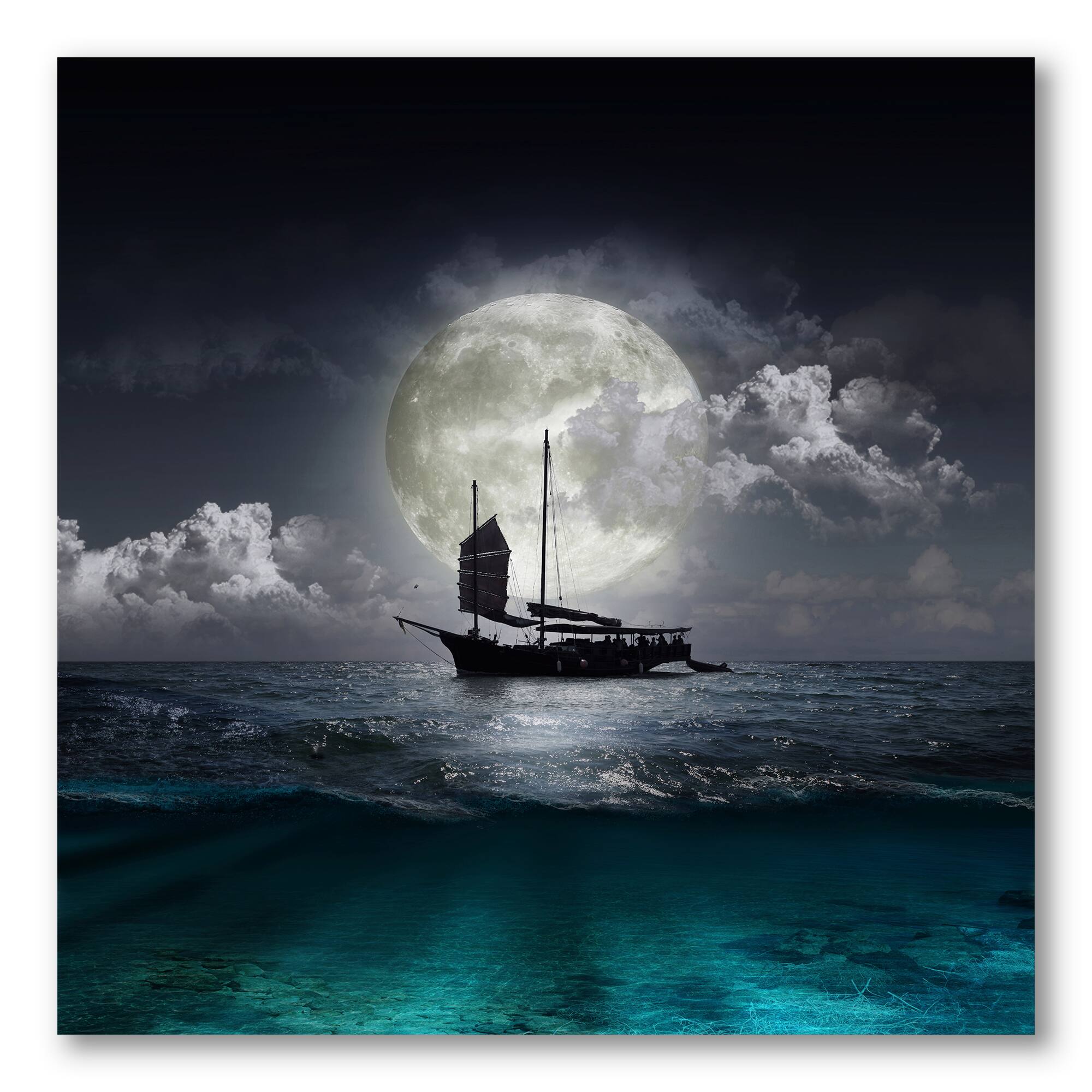 Designart - Fisher Boat On The Lake During Full Moon