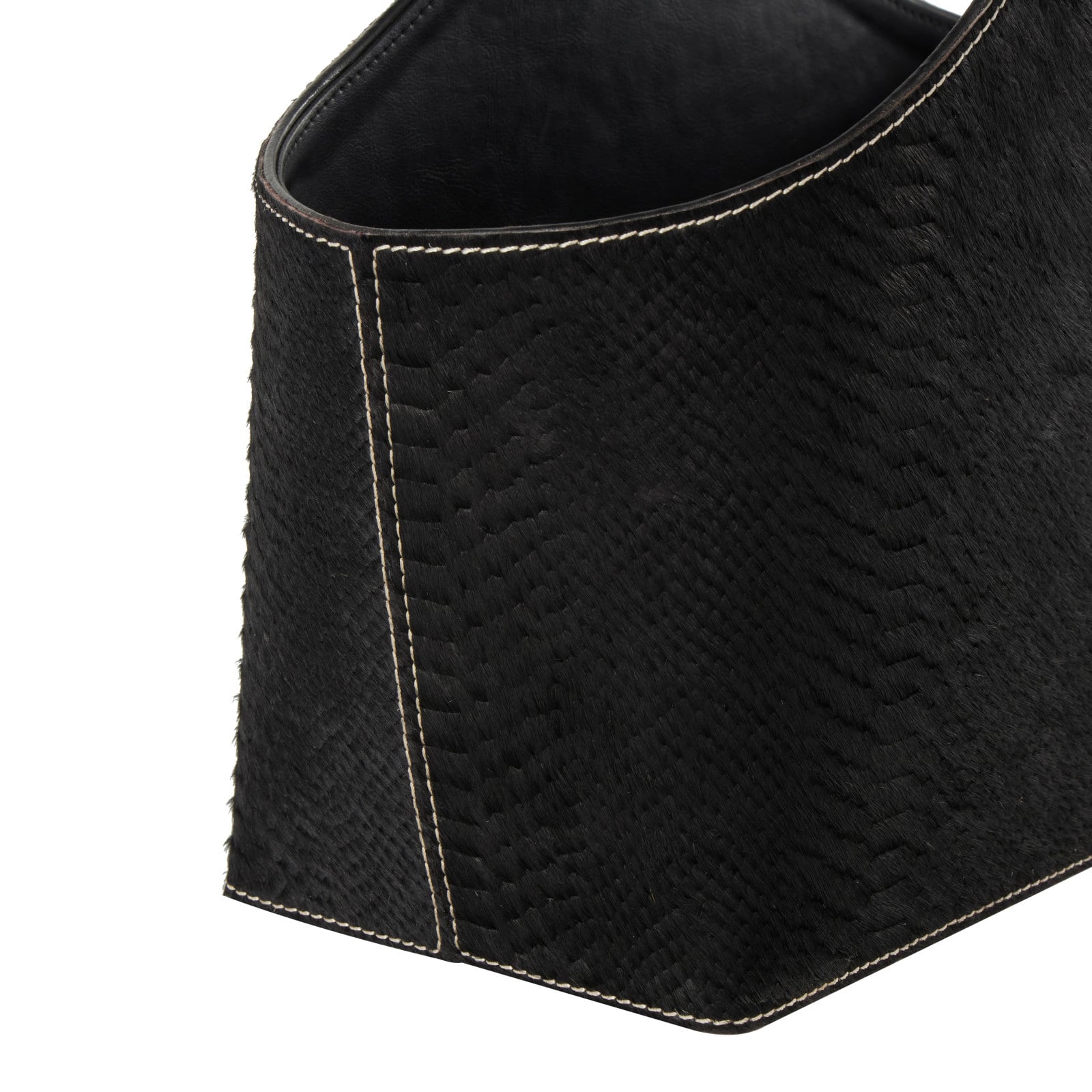 17" Black Leather Handmade Box Style Decorative Magazine Holder with Detail Stitching & Curved Buckle Handles