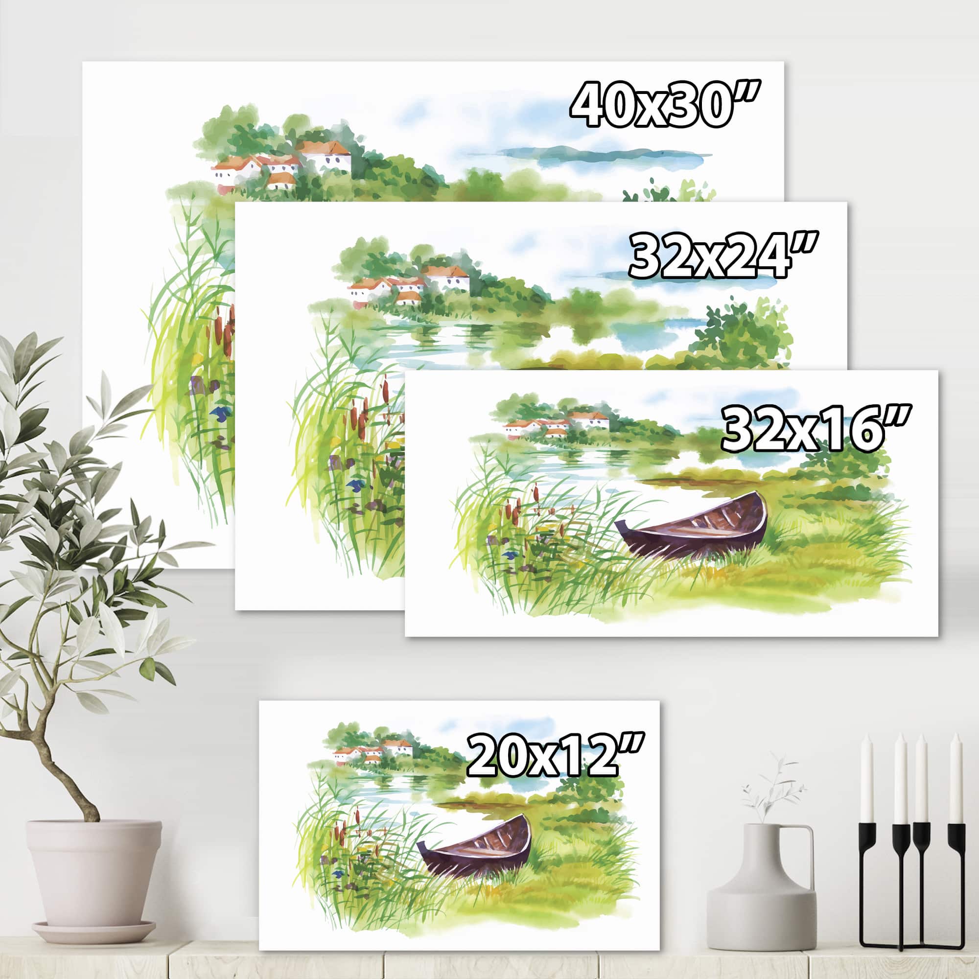Designart - Rural Green Landscape With Boat - Lake House Canvas Wall Art Print