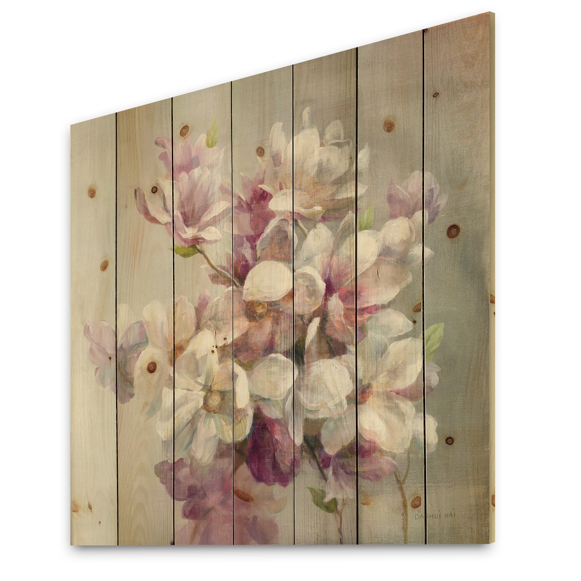 Designart - Pink Magnolia Flowers - Shabby Chic Print on Natural Pine Wood