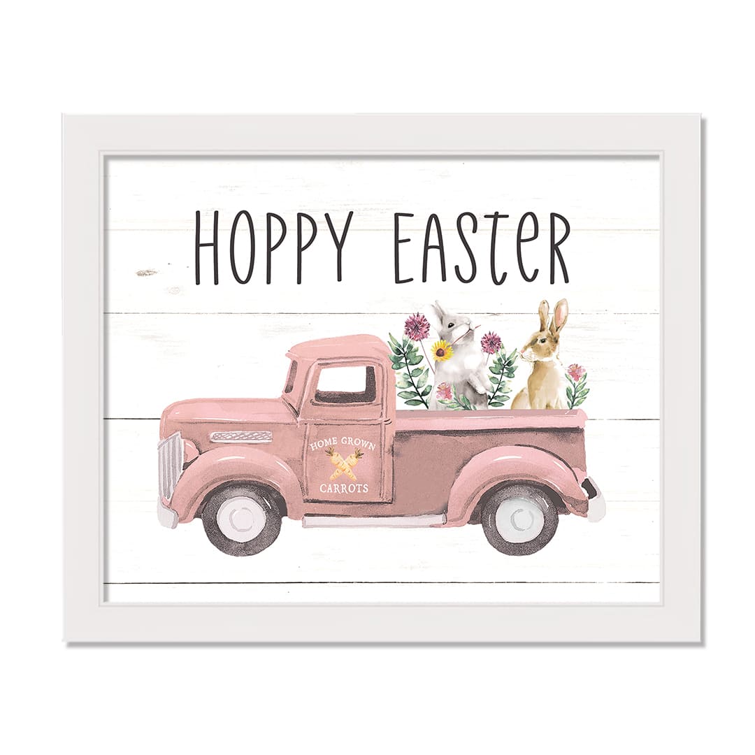 Hoppy Easter Truck 20" x 16" White Framed Print Under Plexiglass