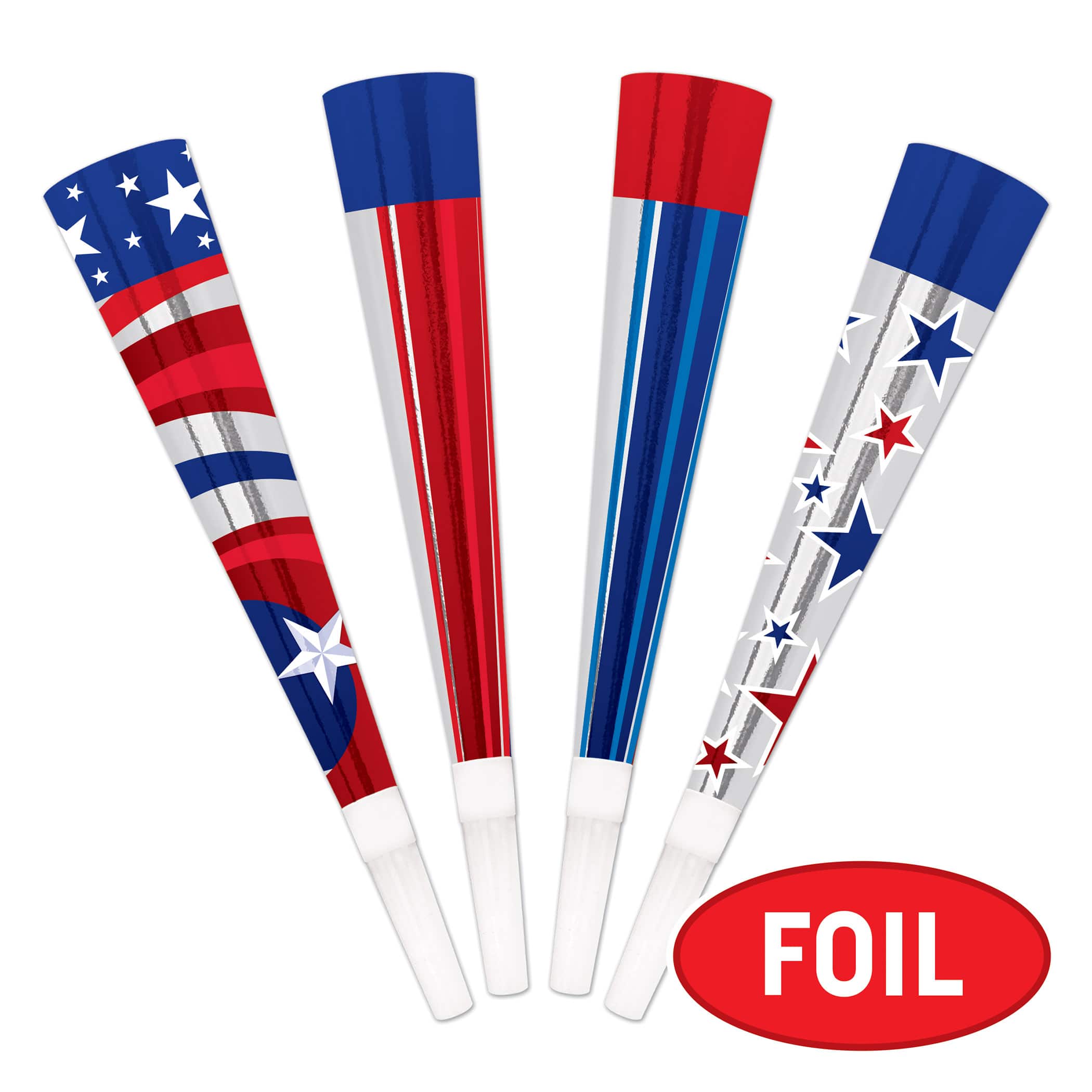 Beistle 9" Red, Silver & Blue Patriotic Foil Horns, 3 Packs of 4