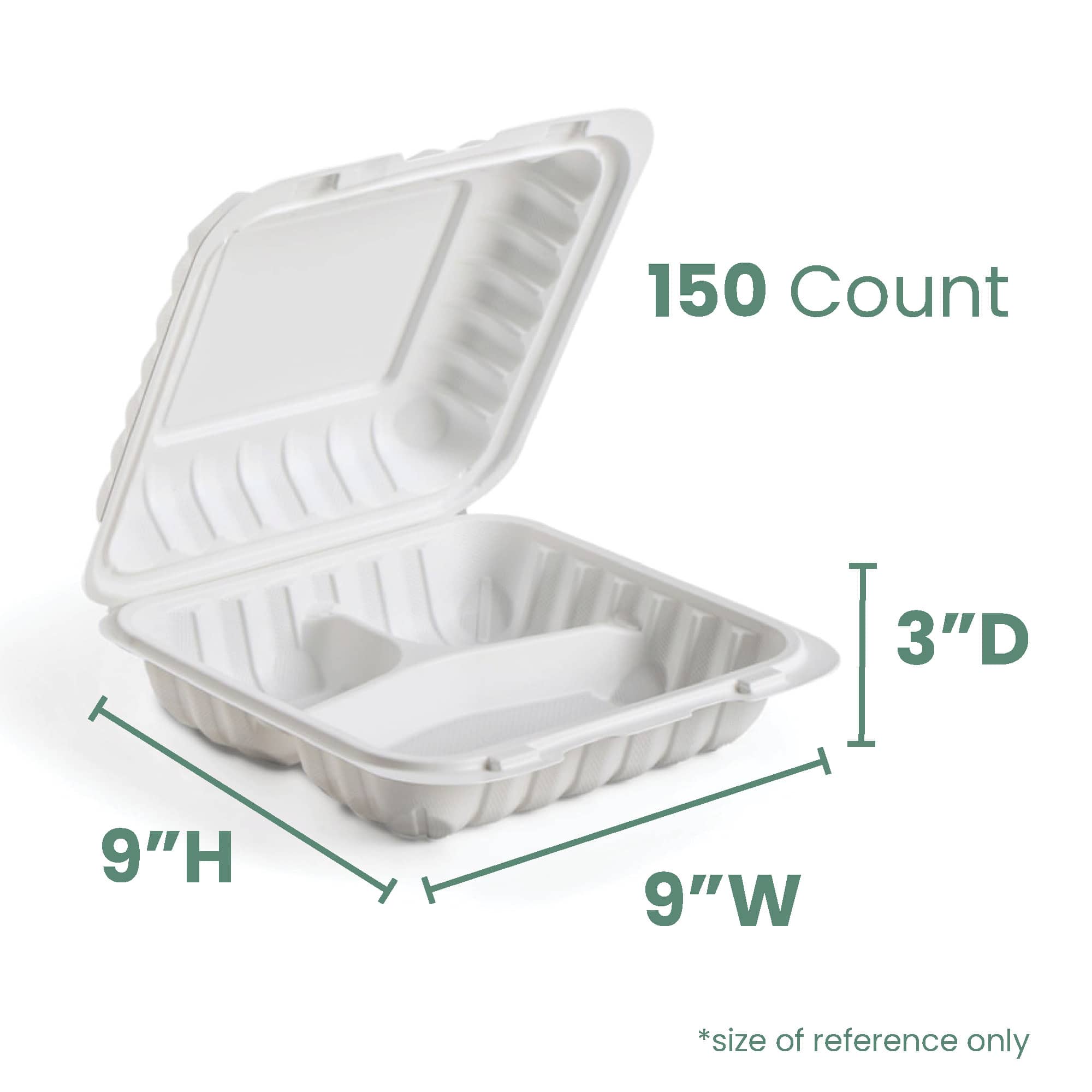 9" White 3-Compartment Clamshell Take Out Containers, 150ct.
