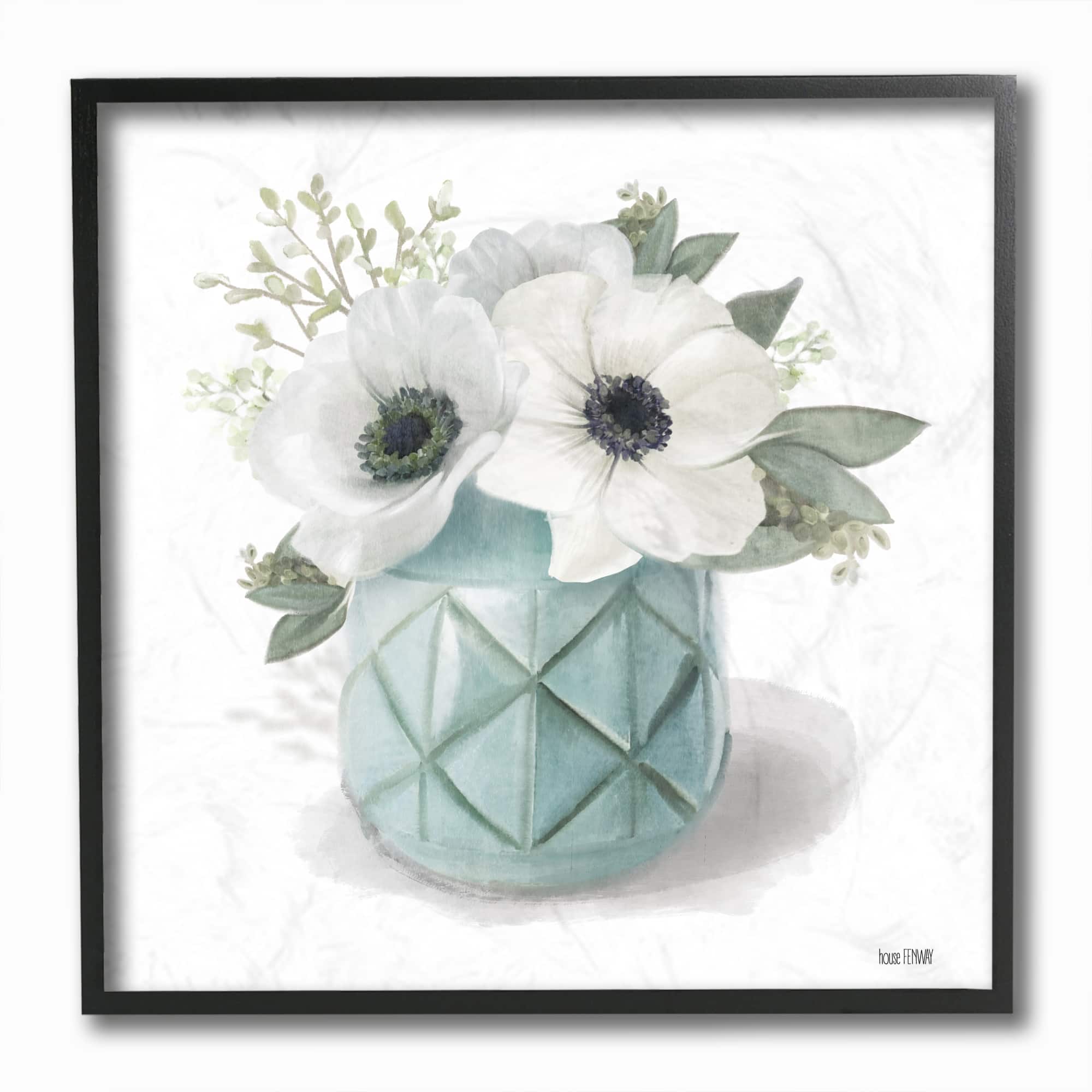 Stupell Industries Soft White Flowers in Turquoise Planter Wall Accent with Black Frame