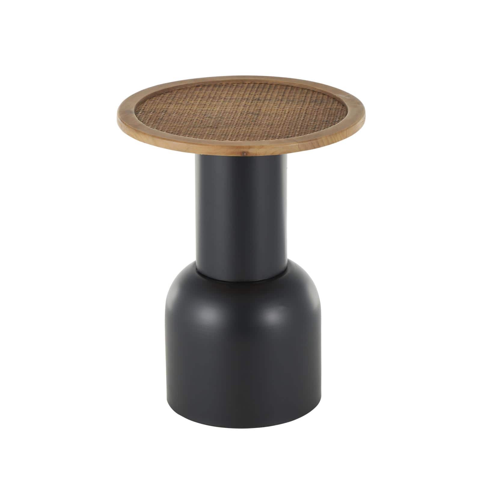 20" Black Metal Handmade Pedestal Accent Table with Brown Rattan Tabletop