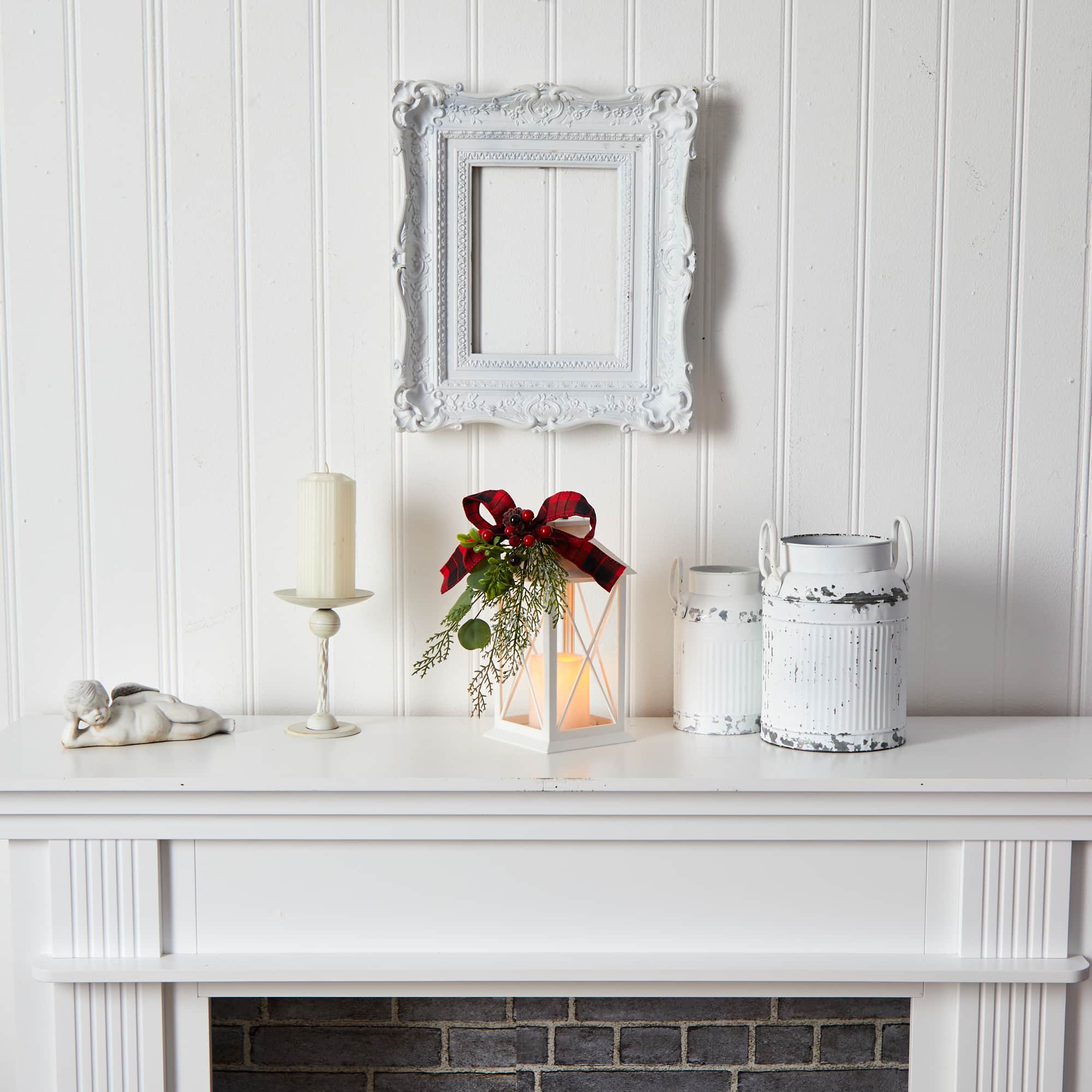 12" White Lantern with Berries, Pine & Plaid Bow Artificial Christmas Table Arrangement with LED Candle
