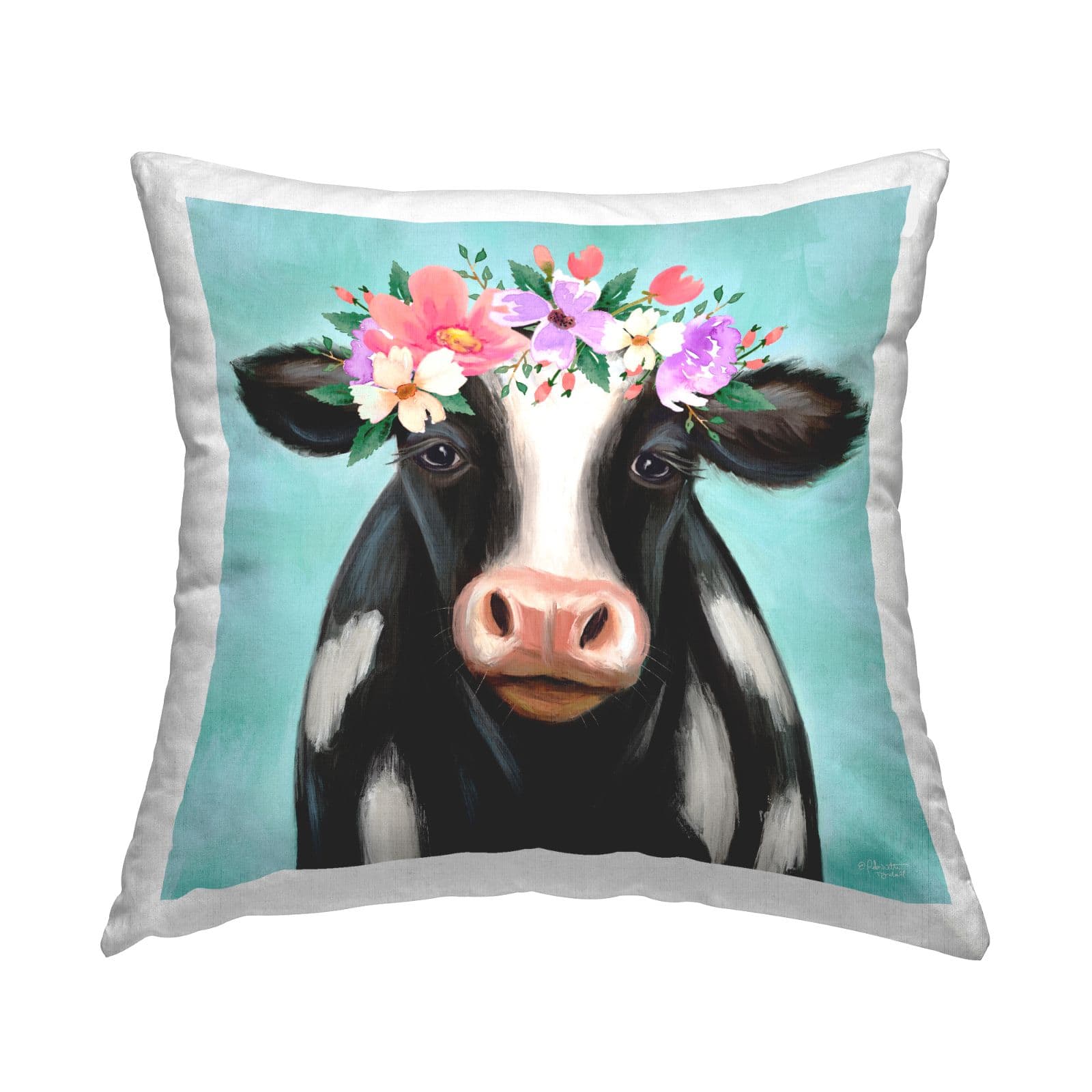 Stupell Industries Farm Cow Calf Pink Floral Blossom Crown Throw Pillow, 18" x 18"