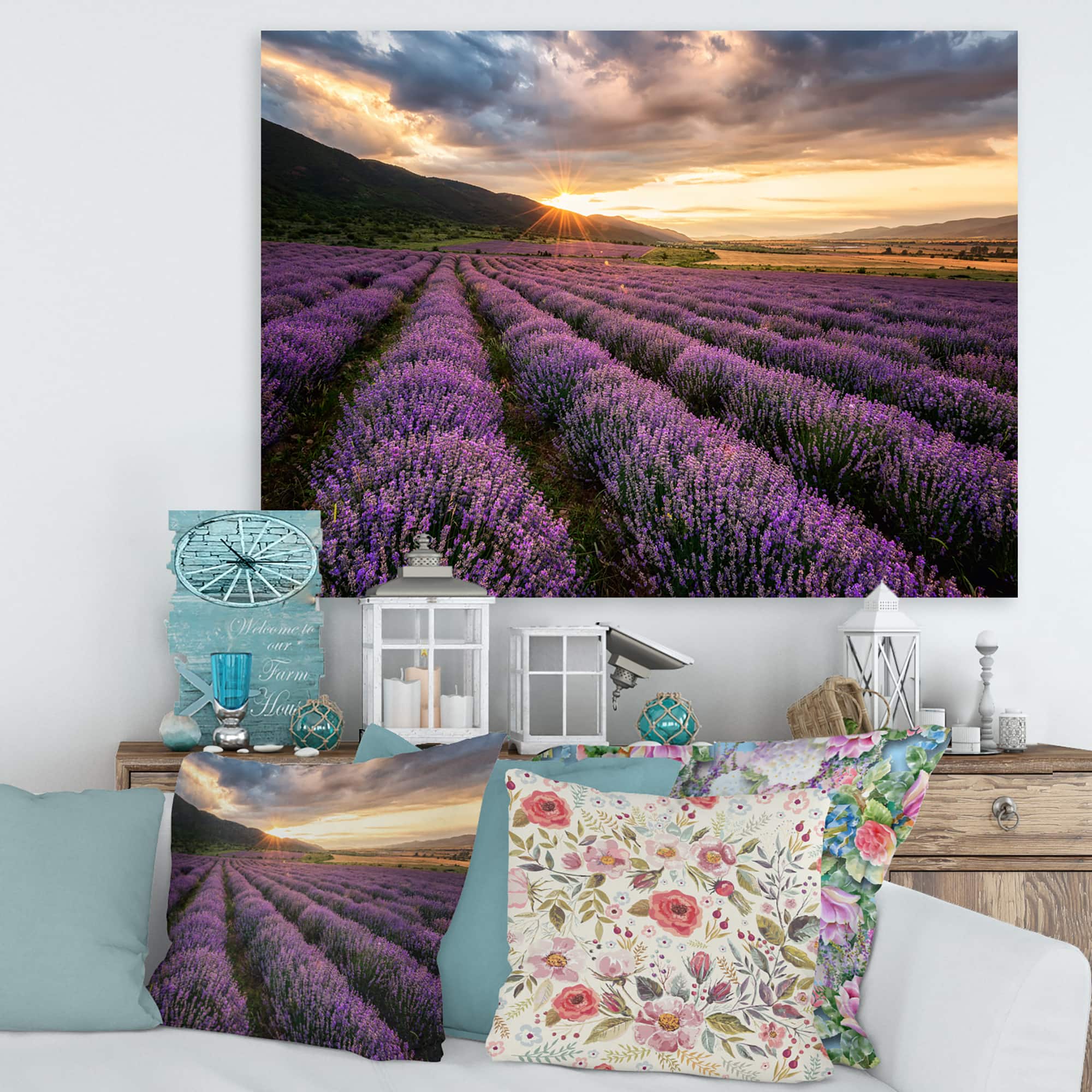 Designart - Sunrise & Dramatic Clouds Over Lavender Field VI - Farmhouse Canvas Wall Art Print