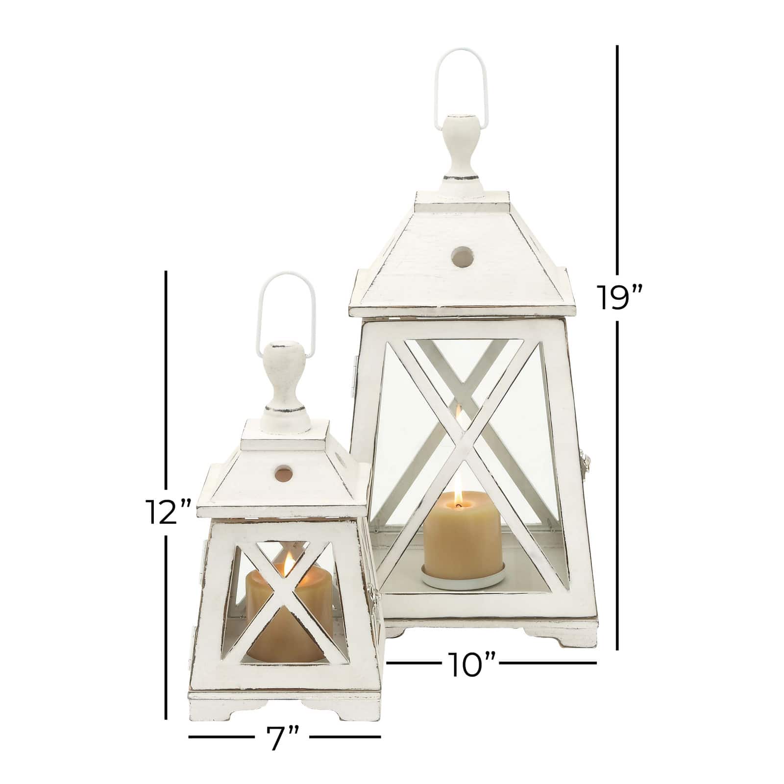 Set of 2" White Wood Coastal Lantern, 19", 12"