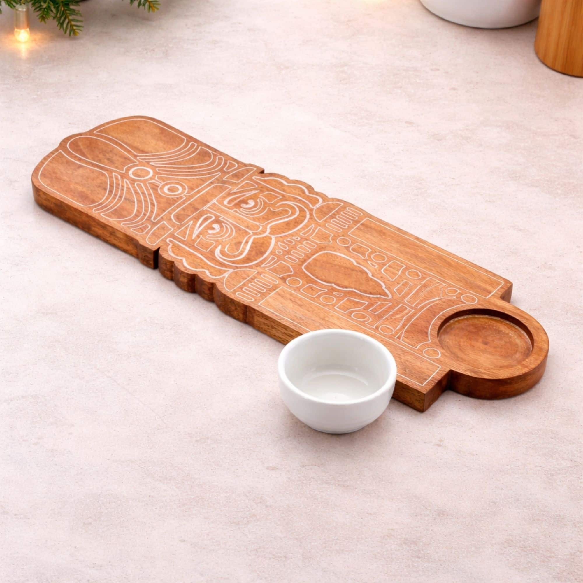 Melrose 6.7" x 17" Nutcracker Wood Platter with Ceramic Dip Bowl