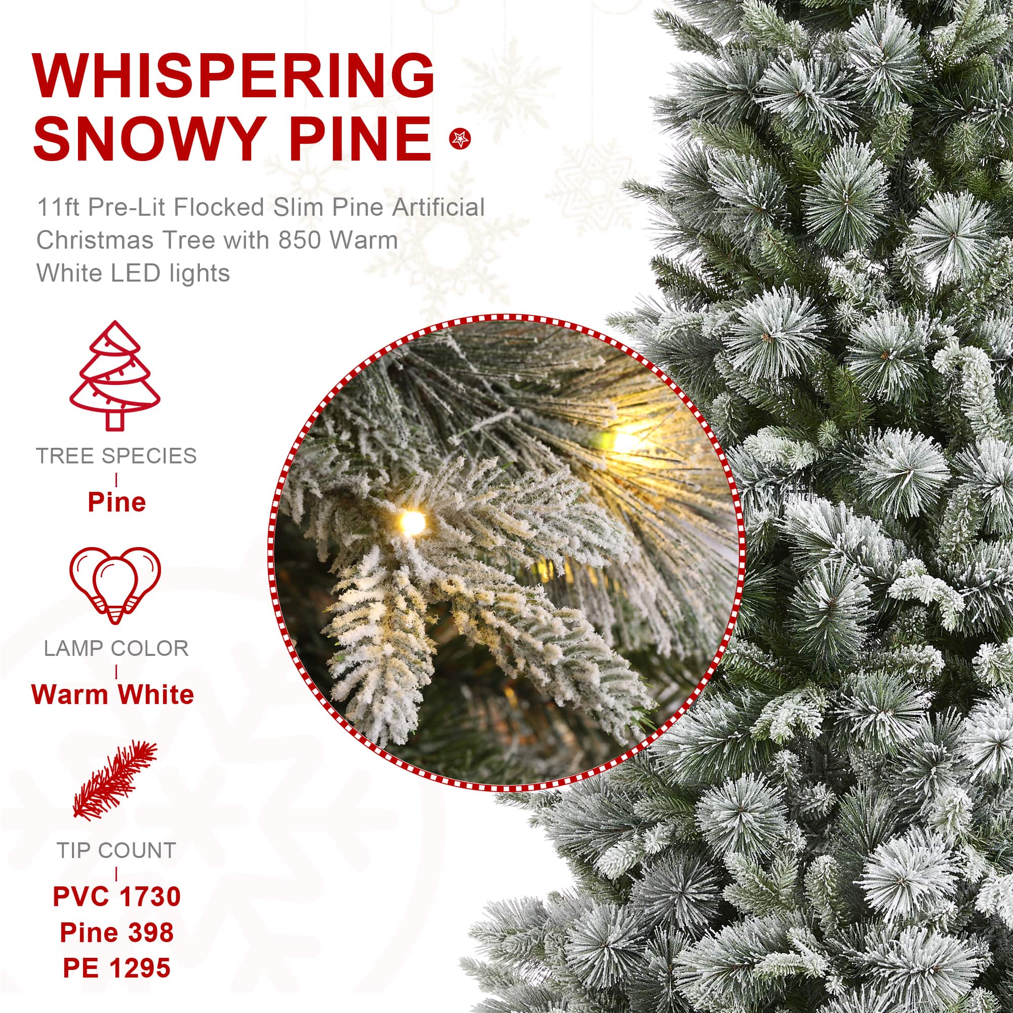Glitzhome® 11ft Pre-Lit Flocked Slim Pine Artificial Christmas Tree, Warm White LED Lights